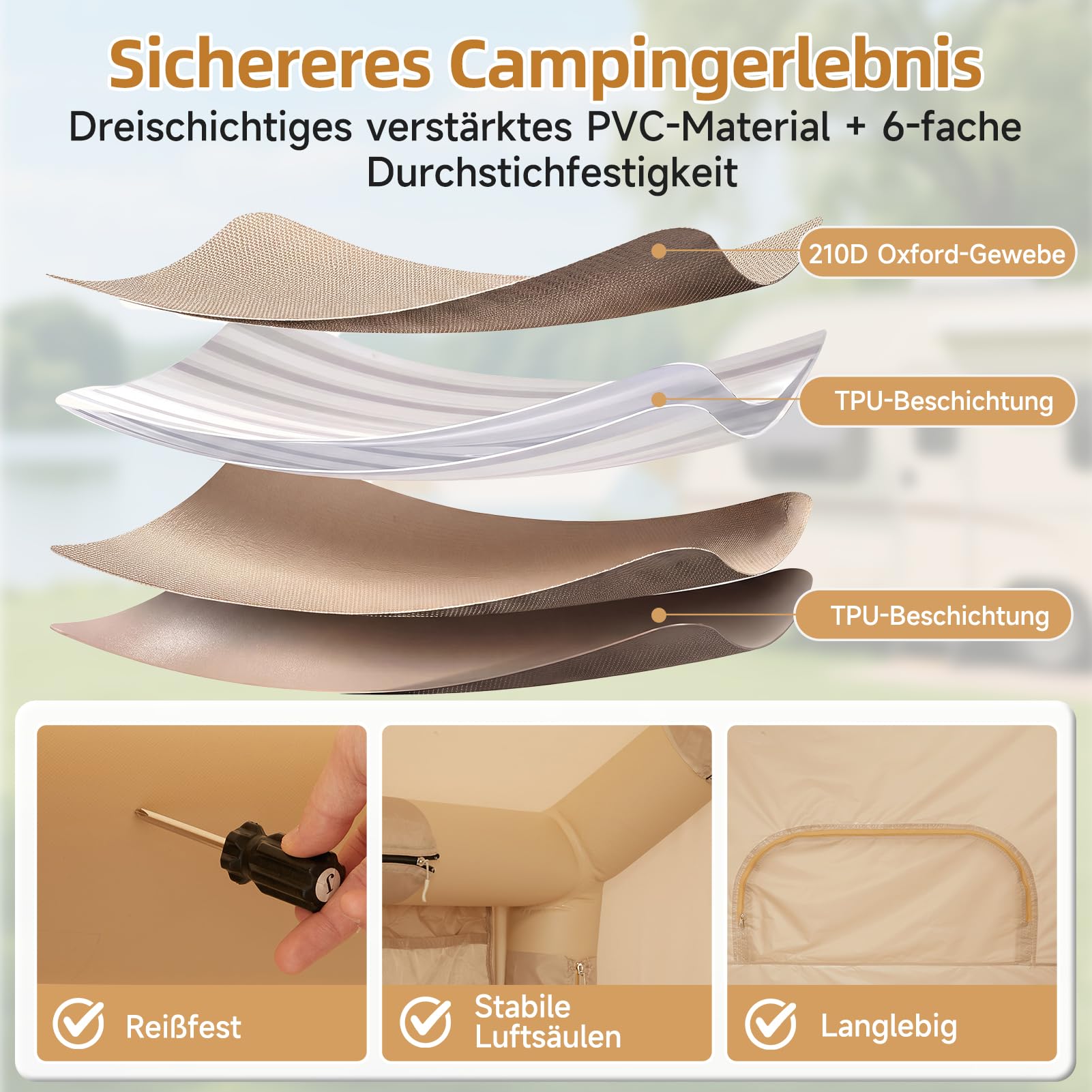 Tente gonflable avec auvent (4 à 8 personnes, beige) | Tente familiale en Oxford 210D, PU 3000 mm imperméable, UPF 30+, tente glamping 300 x 240 cm, pour camping en plein air
