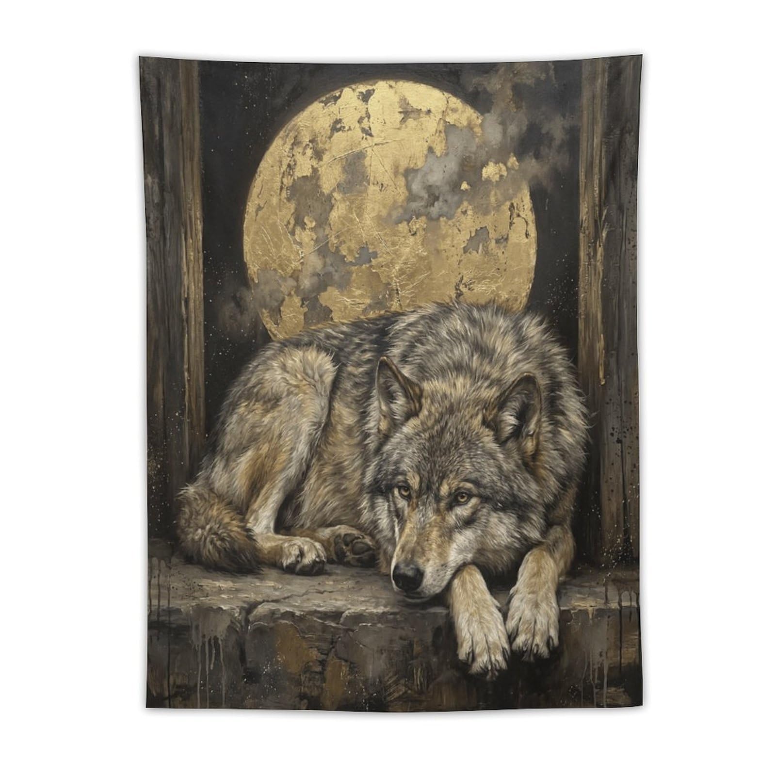 H3B8U2Y5 Resting Wolf Full Moon Wall Tapestry, Realistic Illustration