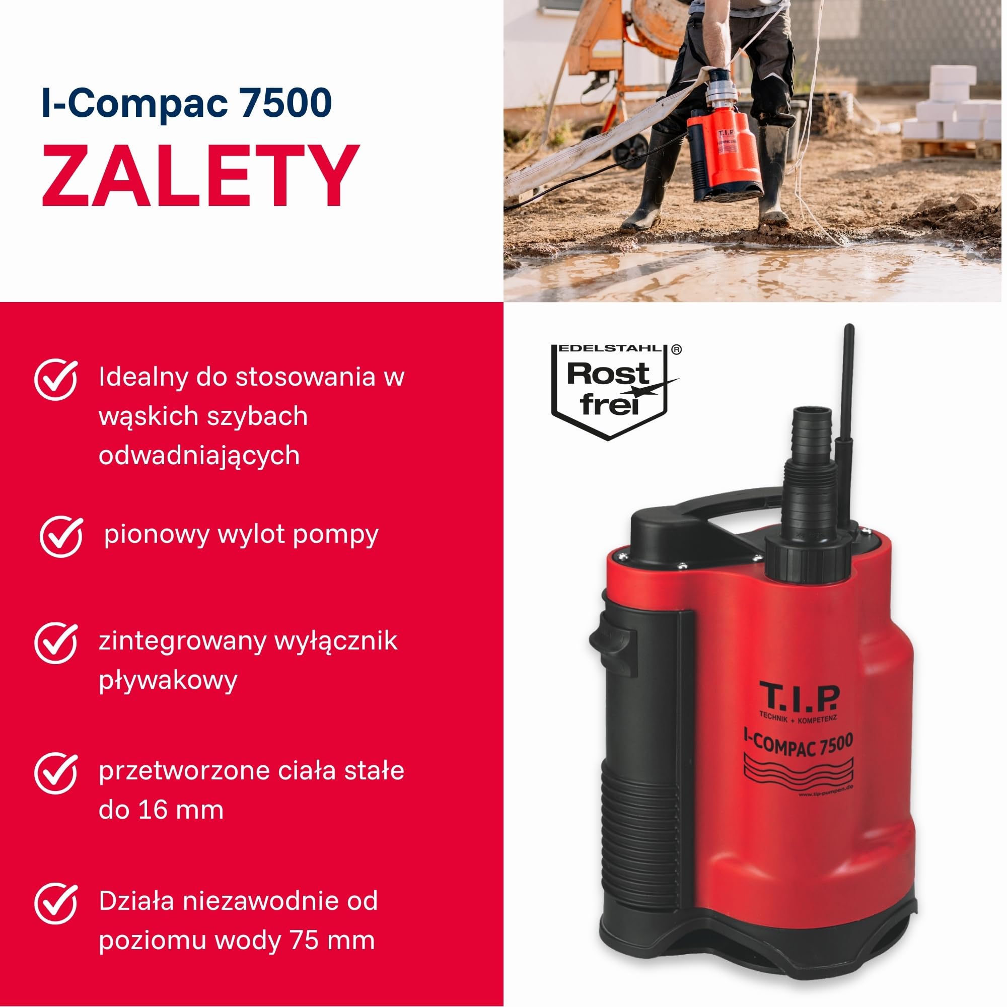 T.I.P. Zanurzeniowa Pompa Drenażowa I-Compac 7500 z Wyłącznikiem Pływakowym do Brudnej Wody 400W Tworzywo Sztuczne Czerwona, 30190