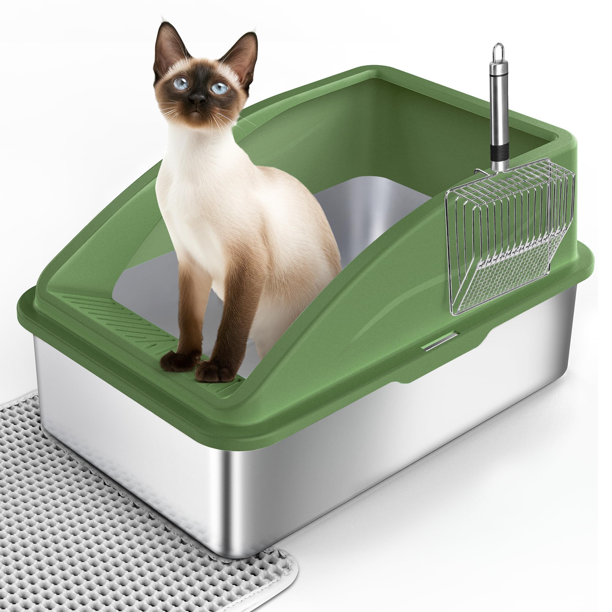 FURTIME - Lettiera per gatti in acciaio inox XXL, 28 L, grande capacità, a prova di fuoriuscite, con paletta per gatti in metallo, 60 x 40 x 31 cm (verde)