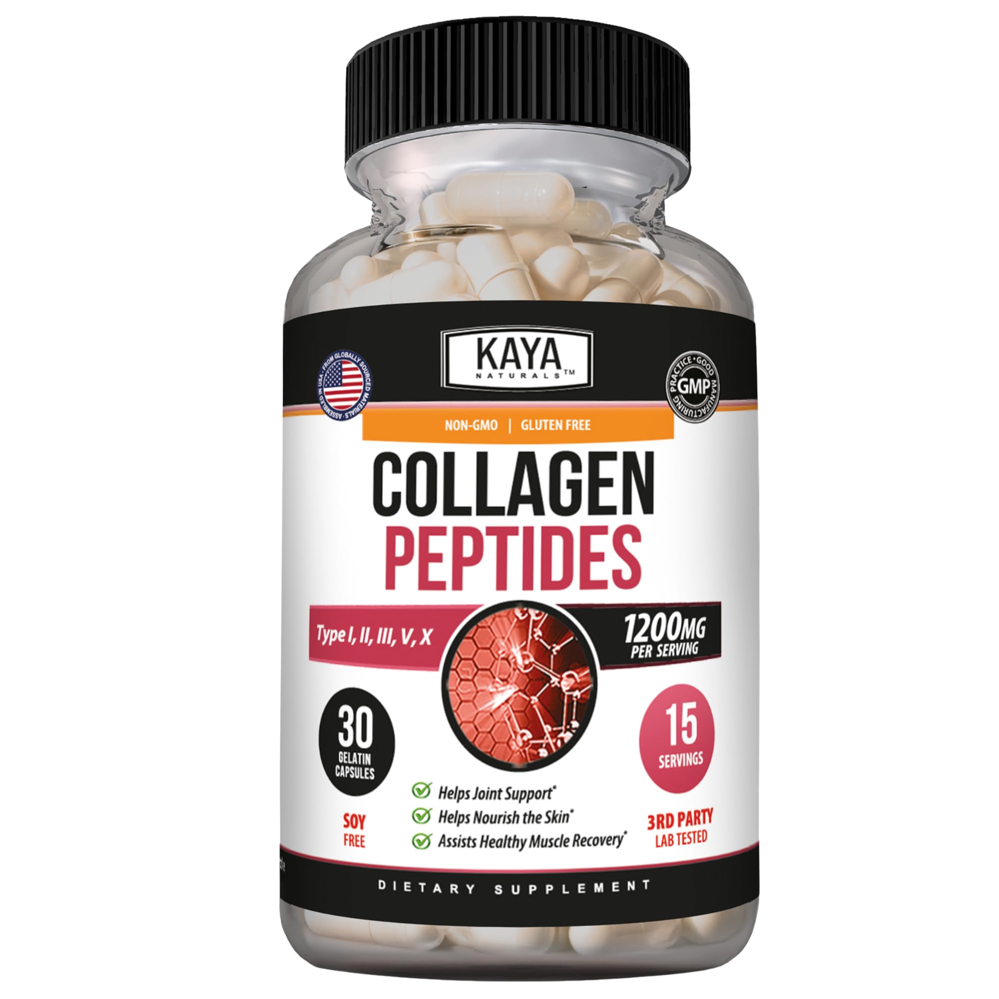 Kaya Naturals Multi Collagen Peptides Types I, II, III, V & X, 30 Capsules 30 Count (Pack of 1)