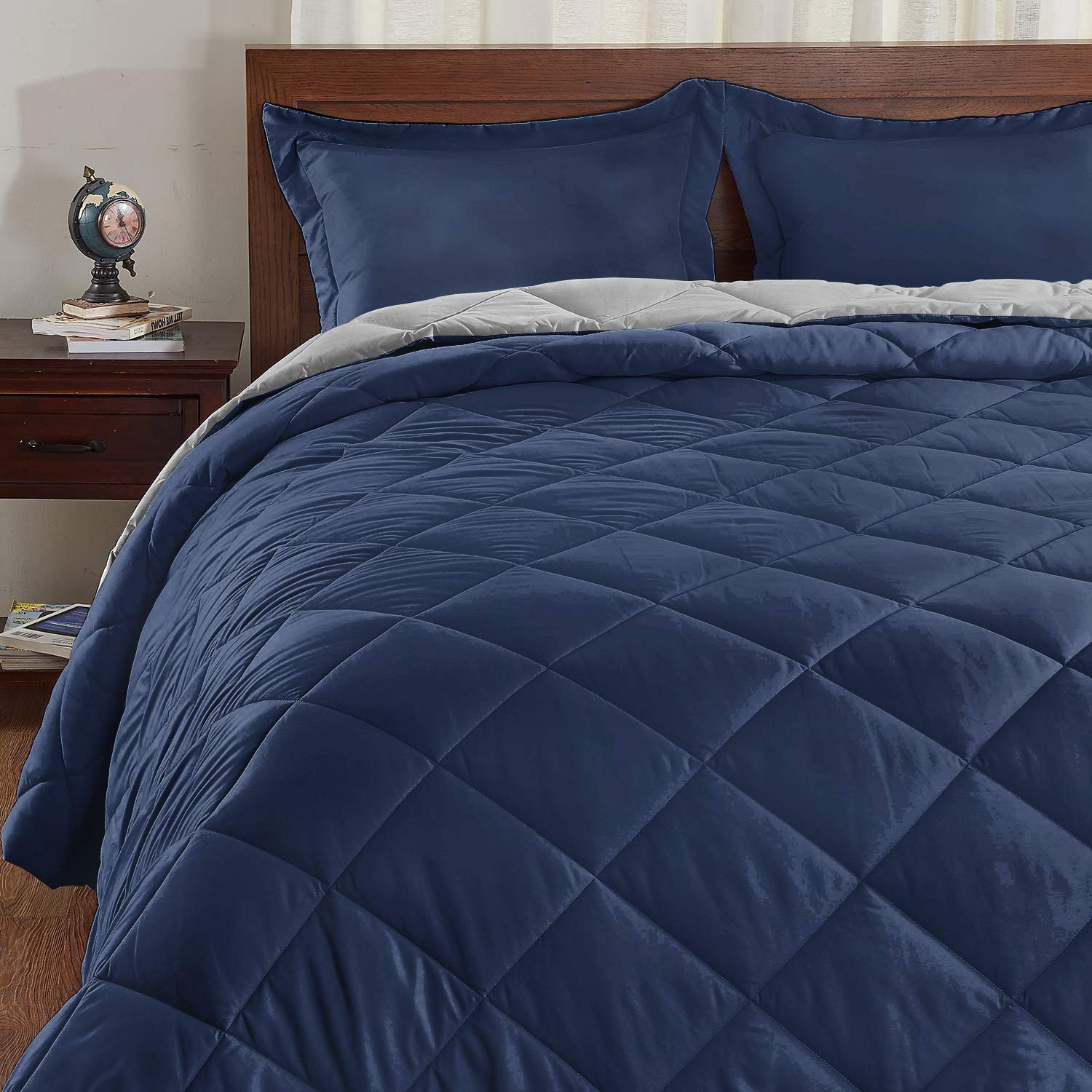 Basic Beyond Queen Comforter Set - Navy Blue Comforter Set Queen Size, Reversible Bed Comforter Queen Set for All Seasons, Navy/Grey, 1 Comforter (88"x92") and 2 Pillow Shams (20"x26"+2")