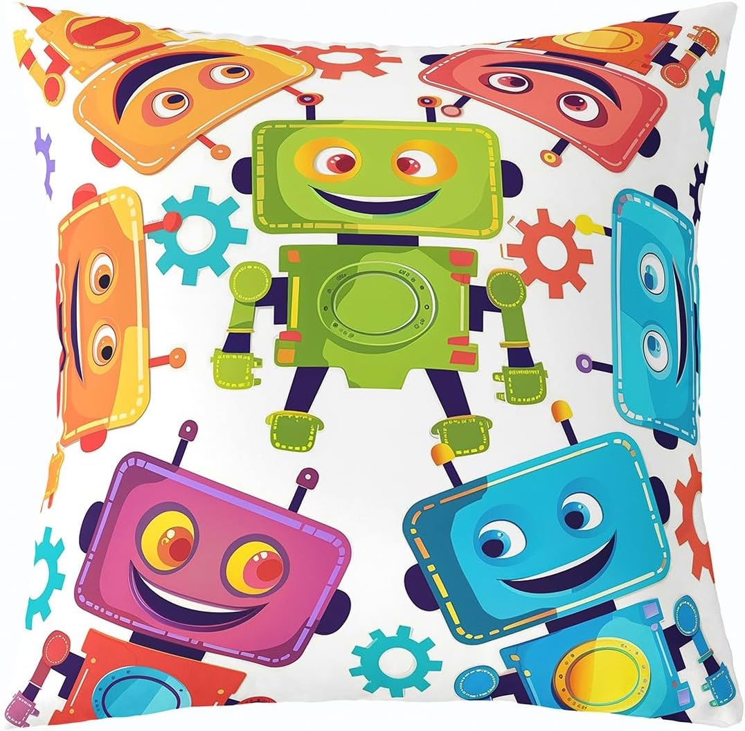 Colorful Robots Throw Pillow Cover 18"x18" Funny Intelligent Machine Soft Square Cushion Case Cartoon Sci-Fi Robot Pillowcase for Bedroom Decor Childlike Style Cushion Cover,Single Pack