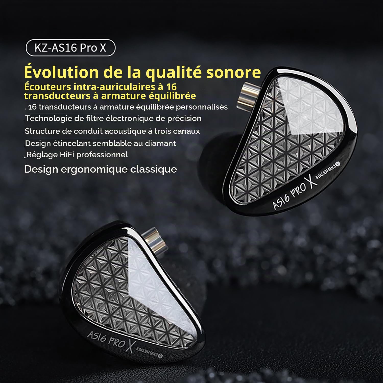 KZ AS16 PRO X Écouteurs intra-auriculaires HiFi Gaming 16BA Pilotes à armature équilibrée IEM pour musiciens, chanteurs, audiophiles DJ batteurs