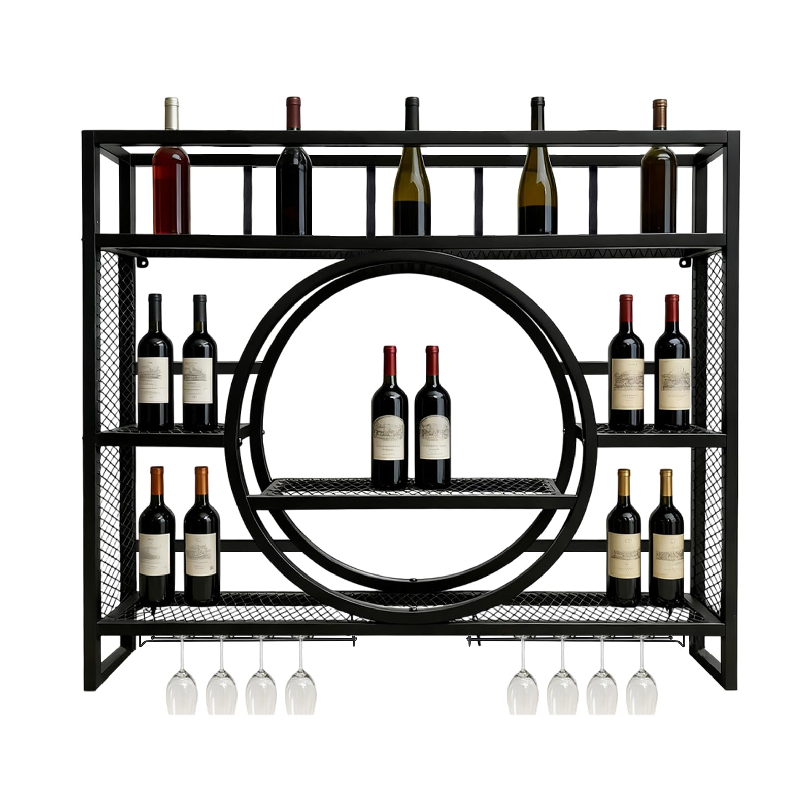 Wall Wine Rack Floating Bar Shelves Mounted,100CM Mounted Modern Metal Hanging Racks Shelf with Hanging Wine Glass Rack, Multifunctional Round Holder Cabinet, for Home Restaurant Decoration Black