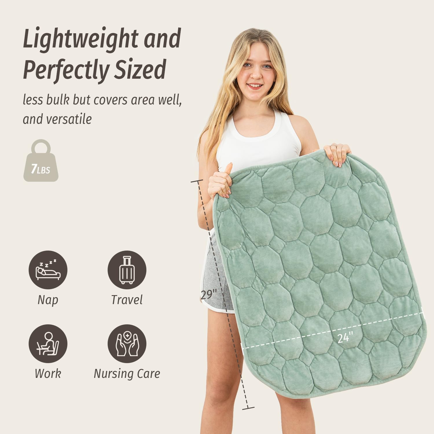 Wemore Weighted Lap Blanket 7lbs for Adults, 24x29 inches Weighted Blanket for Travel, All-Season Weighted Lap Pad, Machine Washable, Grey-Green