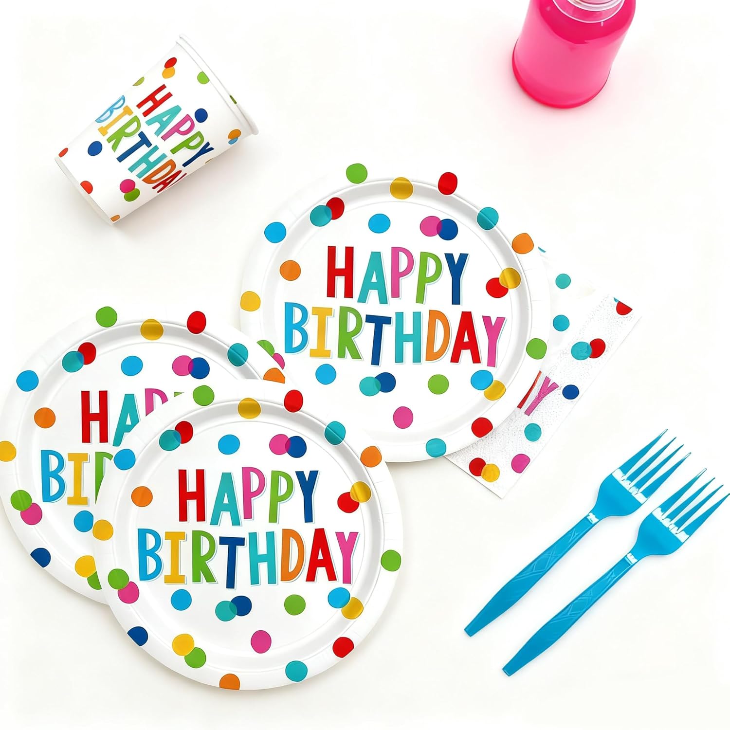 Birthday Plates & Napkins Supplies Tableware Set With 9" & 7" Colorful Dot Paper Plates Cups Plastic Napkins Forks Disposable Dinnerware Happy Birthday Party Decorations - Image 8