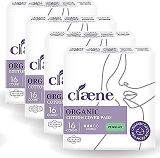 Claene Organic Cotton Cover Pads, Cruelty-Free, Menstrual Overnight Sanitary Pads for Women, Unscented, Breathable, Vegan, Organic Pads, Natural Sanitary Napkins with Wings