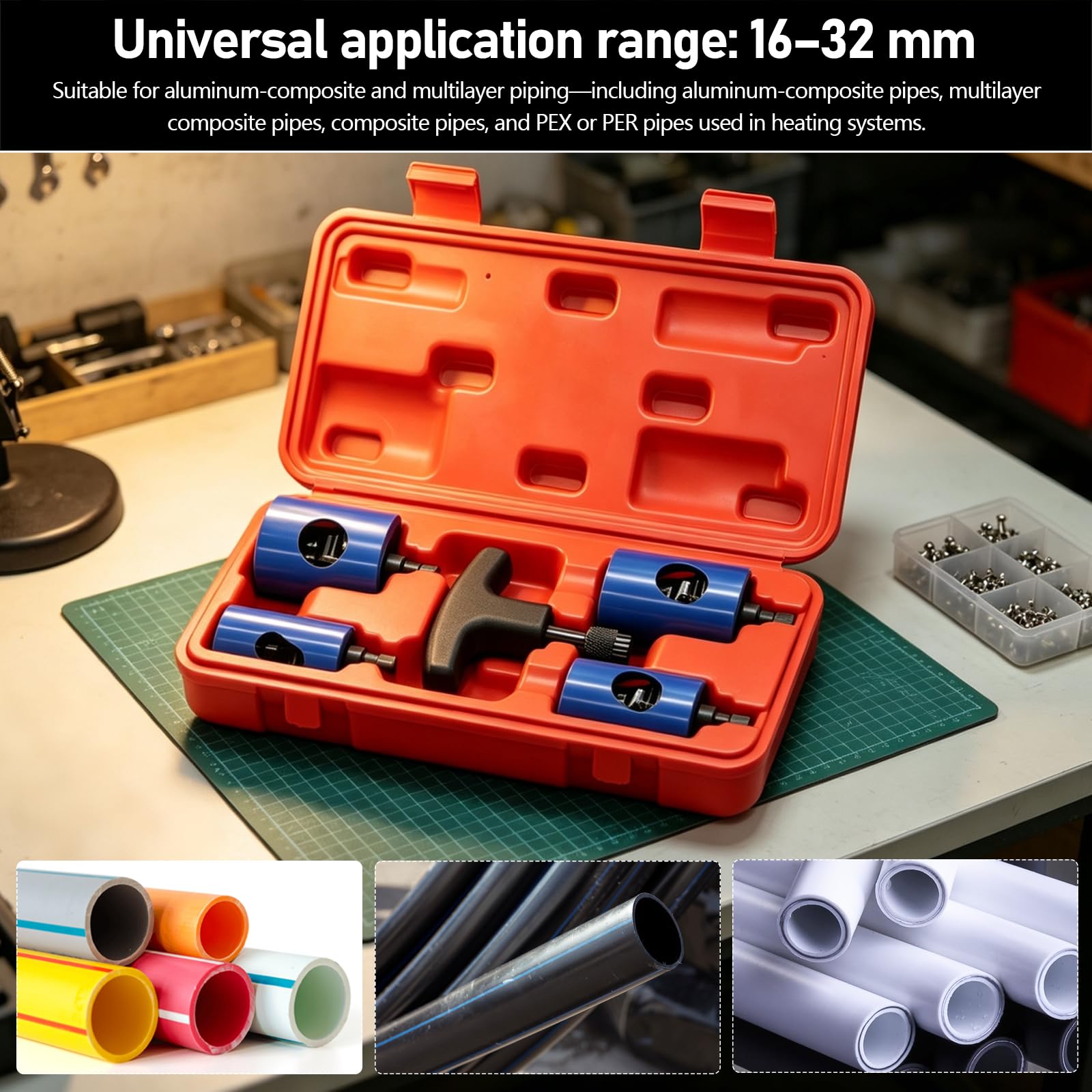 Kit Svasatore Calibratore Multistrato, Bussola Svasatore Calibratore Ø16-32 mm Calibratore Interno e Esterno Set Sbavatubo con Valigetta e 4 Testine per Rifiniture Impianti Idraulici