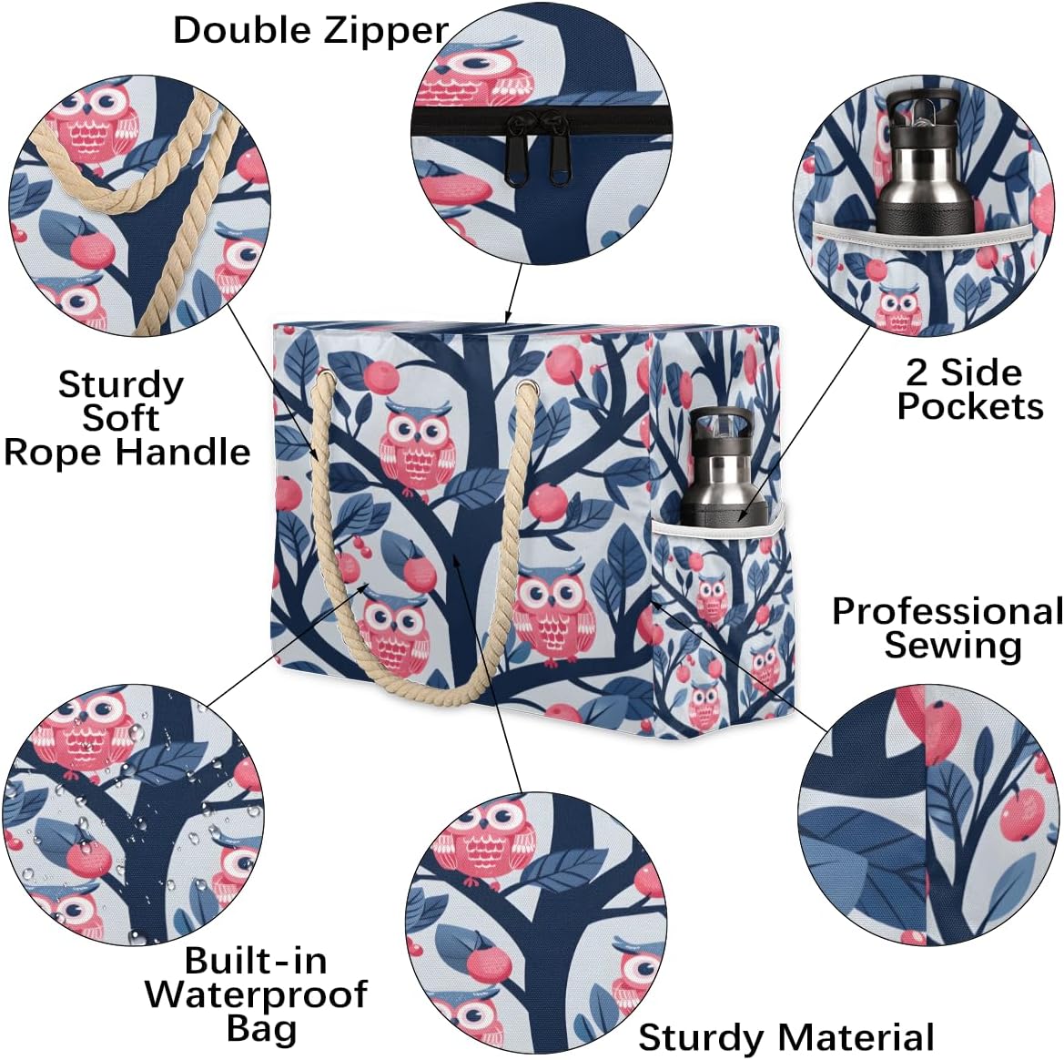 Hand Painted Fruit Tree Owls Beach Bag for Women Waterproof Sandproof Tote with Zipper Cotton Rope Handles for Travel Pool Gym Shopping