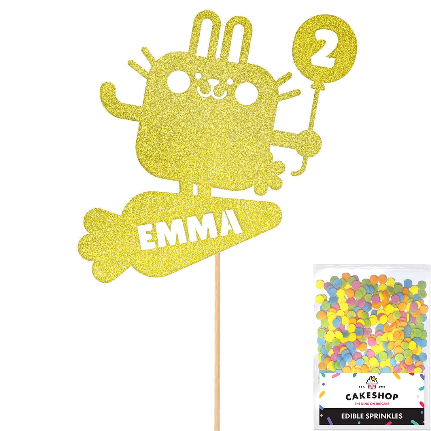 Personalised Pet Bunny Rabbit Glitter Cake Topper Champagne Any Custom Age & Name Glitter Cake Decoration and Sprinkles - Happy Birthday Decorations - Personalised Toppers for Cakes by Cakeshop — image 1