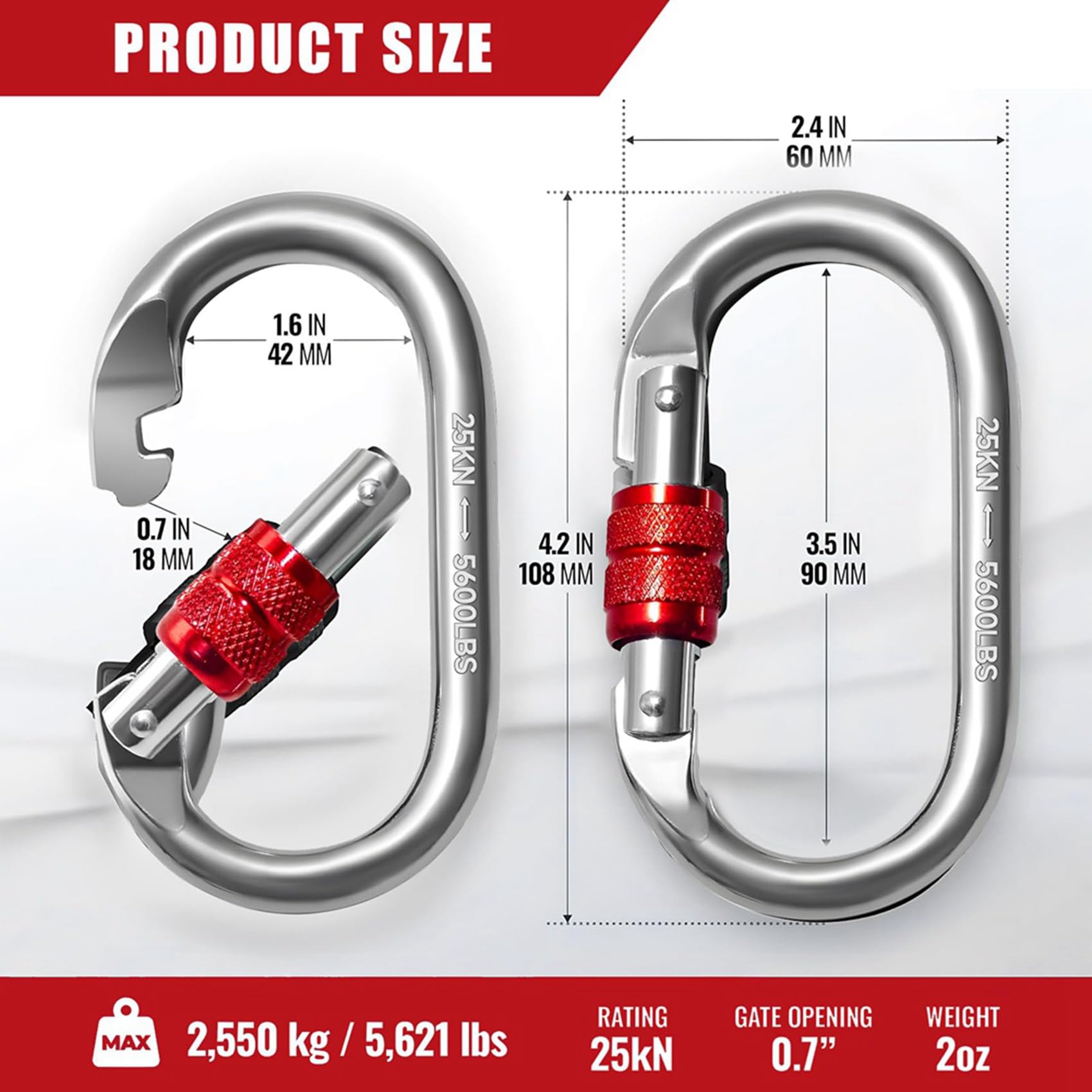 12 Mousquetons de Sécurité Robustes, 25 KN, en Acier Inoxydable, pour Escalade, en Rappel, Hamacs, Chiens