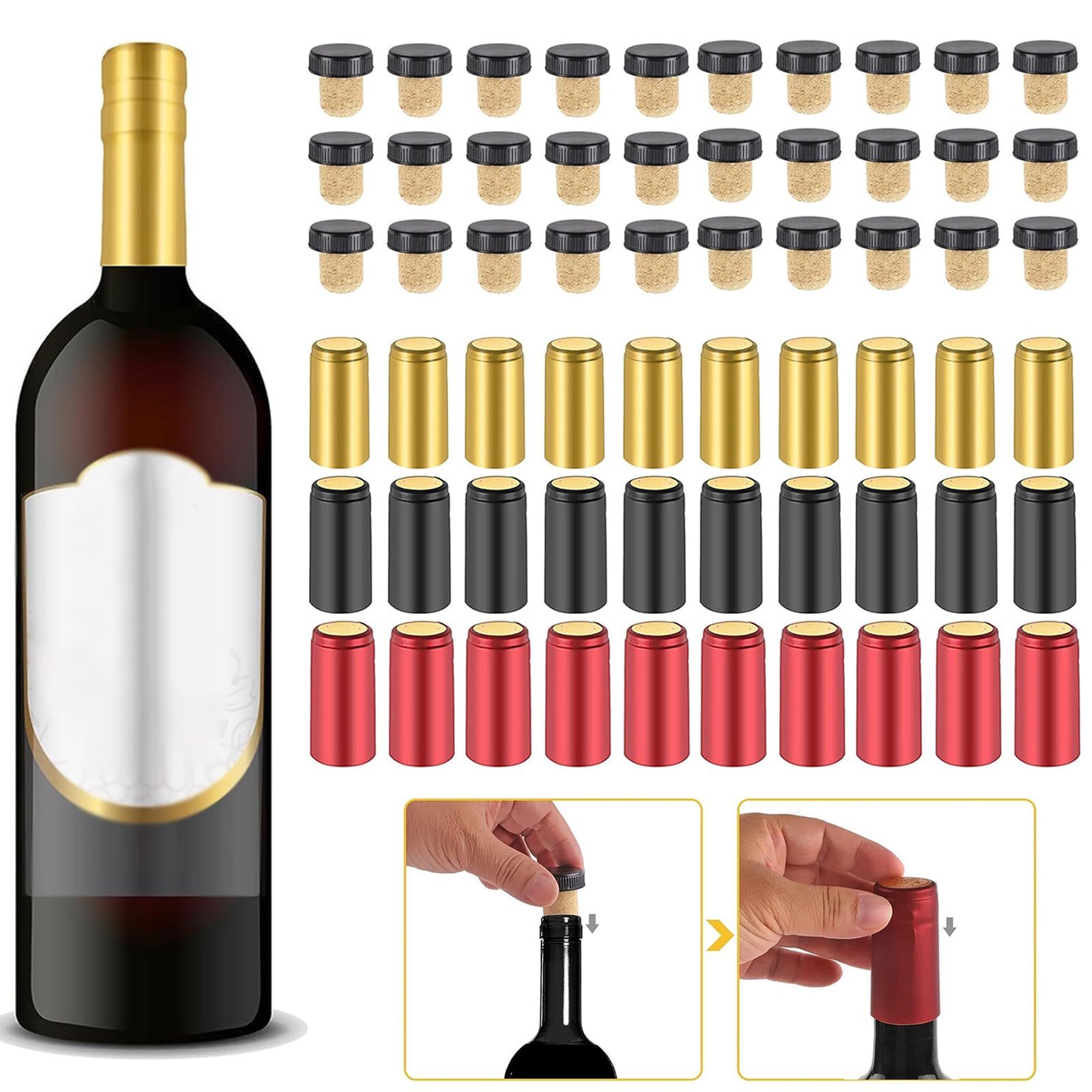 Kit 200 Sigillanti Vino - 100 Capsule Termorestringenti PVC + 100 Tappi Sughero Naturale