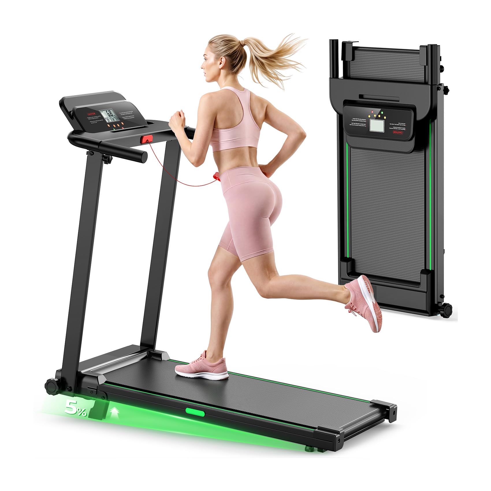 Treadmills for Home, Walking Pad with Incline, Caminadoras para Hacer Ejercicio, 0.6-6.2 MPH Portable Foldable Under Desk Caminadora, Eléctrica Casa Tredmill, Folding Compact Running Machine Green