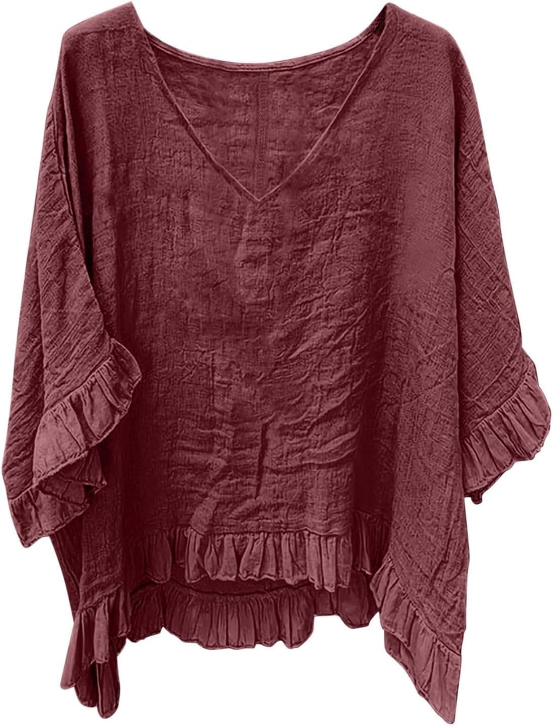 3/4 Sleeve Cotton Linen Shirts for Women Loose Casual V Neck Ruffle Hem Peplum Tops Lightweight Gauze Tunic Blouses