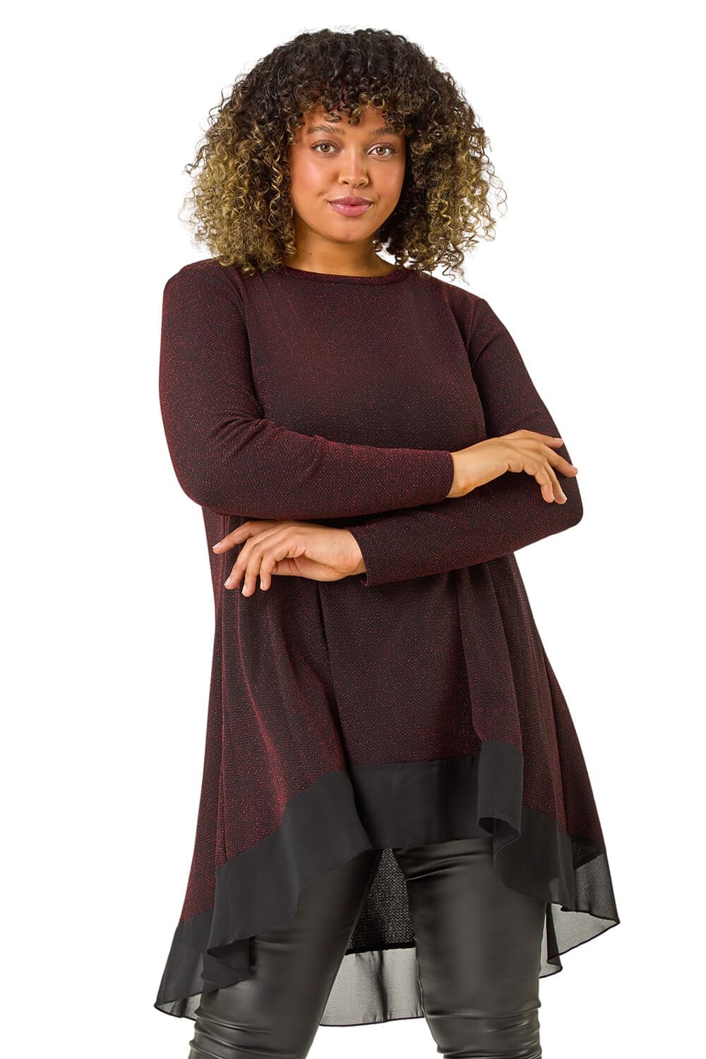Roman Originals Women's Red Plus Roman Chiffon Dipped Hem Top Asymmetric Tunic For Uk Stretchy Jersey Flared Blouse Smart Fit & Flare Form Casual Loose Longline Party Hanky Tunics - Size 18