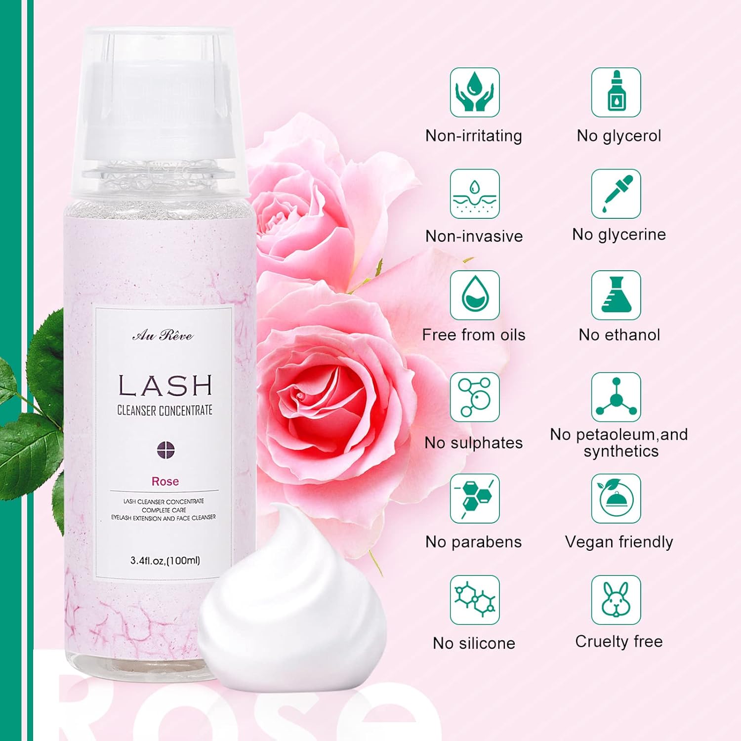 Eyelash Cleanser Concentrate 100ml Lash Extension Shampoo Oil-Free Eyelash Extension Shampoo with Salon Home Care -Makes 20 Bottles 60ml Lash Shampoo, Rose