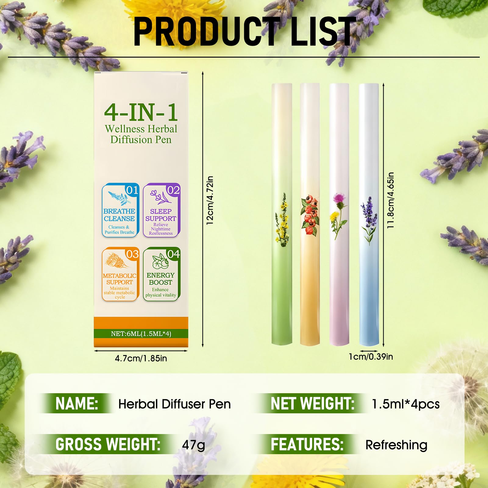 4 PCS Diffusore di Erbe Aromatiche, Herbal Diffuser Pen, Formula con Estratti Vegetali Multipli, Design Portatile, Aumenta l'energia, Rinfrescante e Rinvigorente