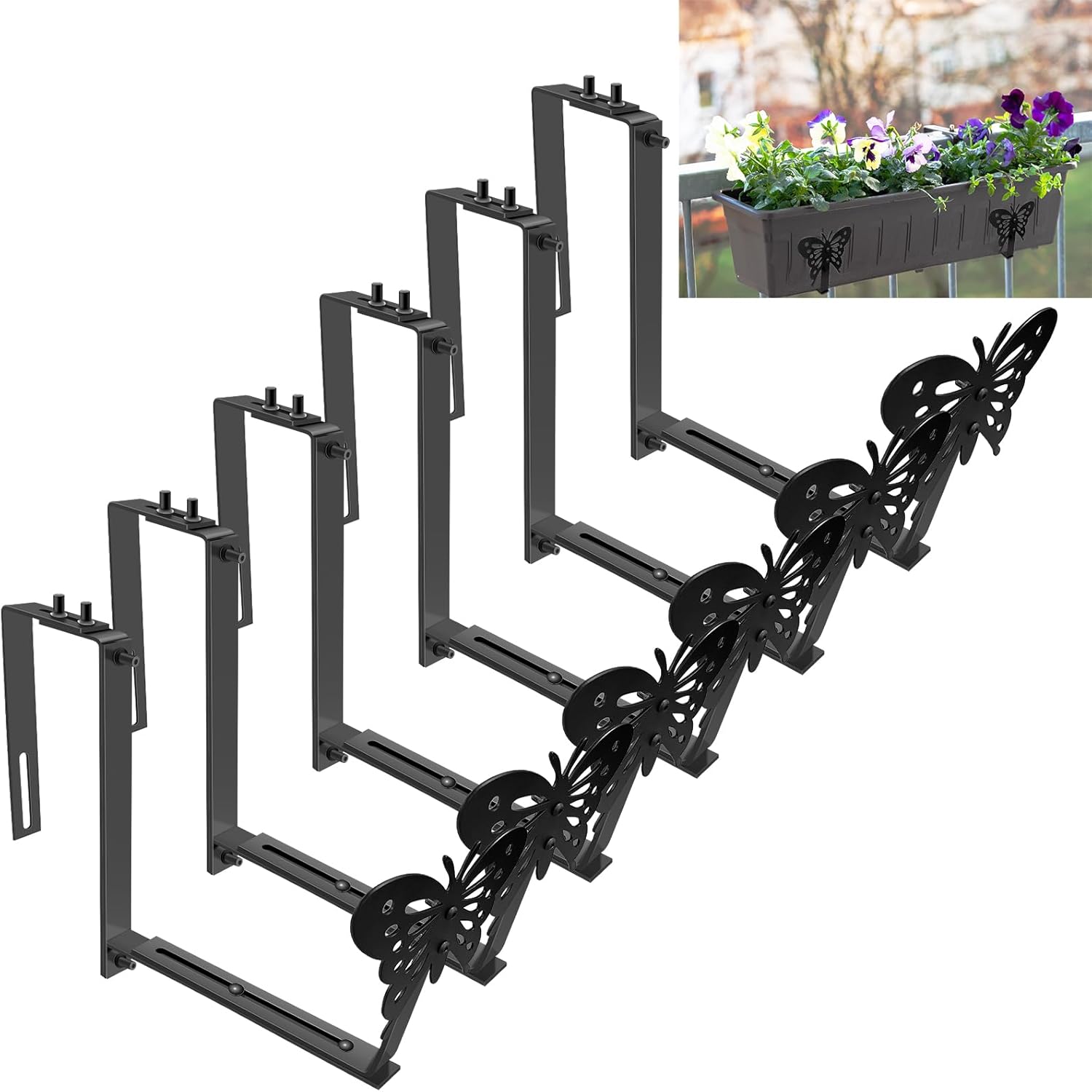 6pcs Adjustable Planter Box Brackets Window Flower Boxes with Brackets for Deck Railing Heavy Duty Iron Hanging Box Brackets for Balcony, Fences, Patio and Garden - Butterfly