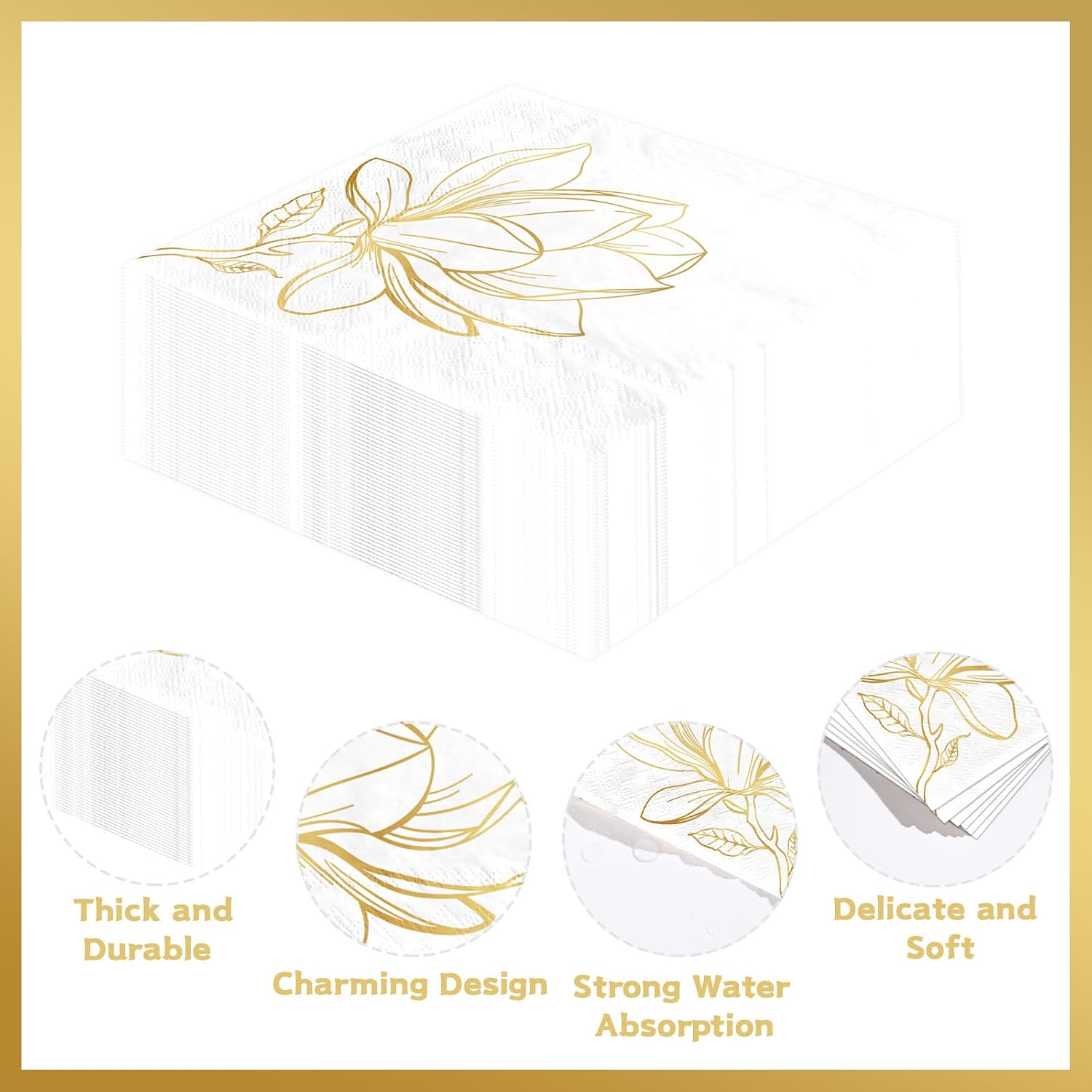 100 Pack Gold Magnolia Cocktail Napkins 3 Ply 5 x 5 Inch Gold Foil Floral Disposable Paper Napkins for Spring Dinner Wedding Birthday Baby Shower Vintage Bridal Engagement Reception Party Supplies
