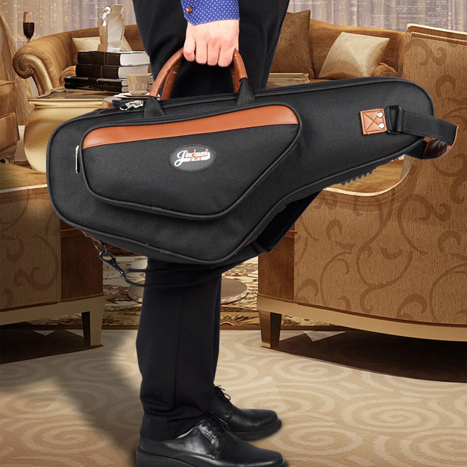 Leichter Saxophonkoffer Rucksack mit verstellbaren Gurten und wasserdichter Aufbewahrungstasche für Zubehör, Schwarz, 25.5 x 63 cm