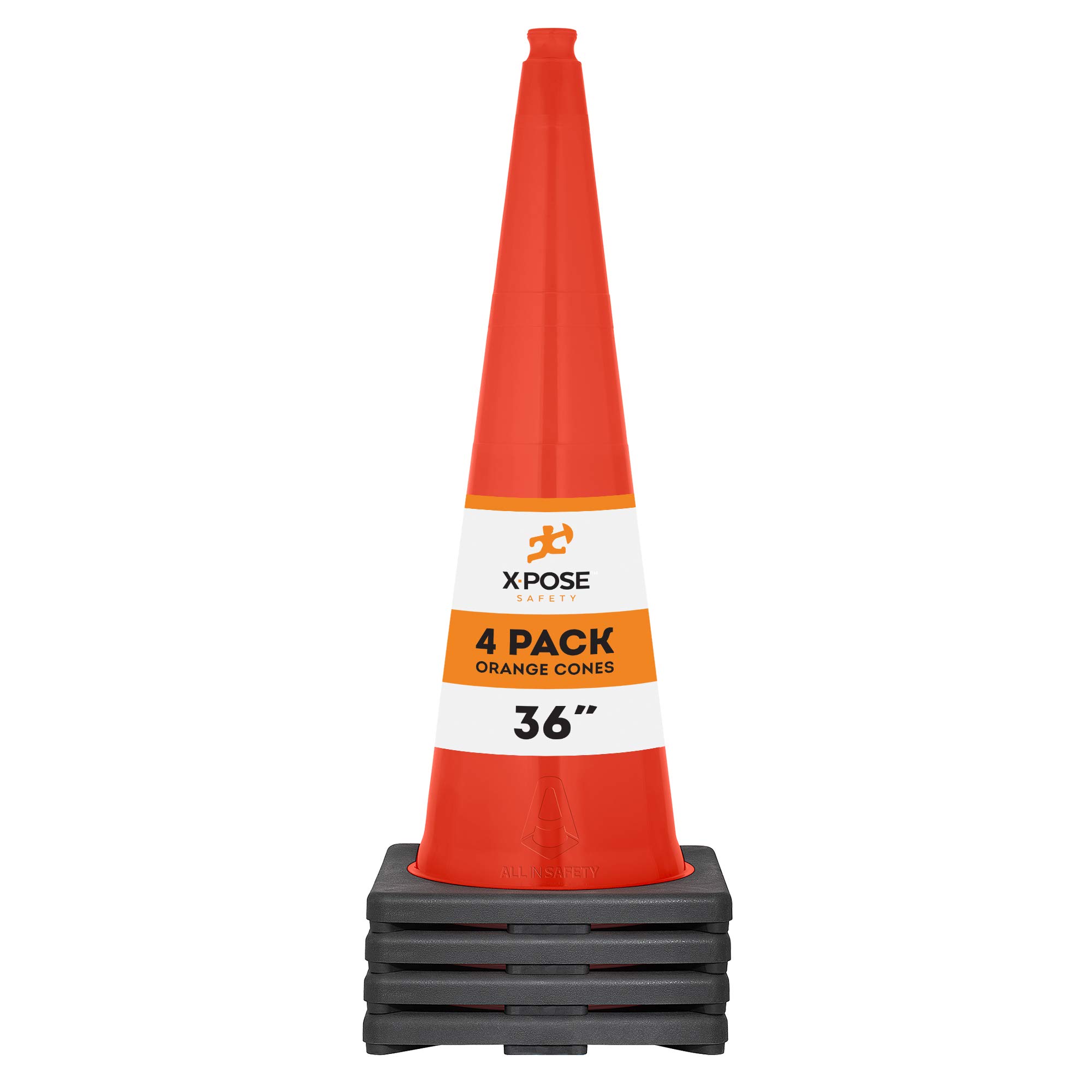 Xpose Safety 36 Inch Orange Traffic Cones, 4-Pack - Multipurpose PVC Plastic Safety Cone for Parking, Soccer, Caution, Kids and Construction - DOT Approved