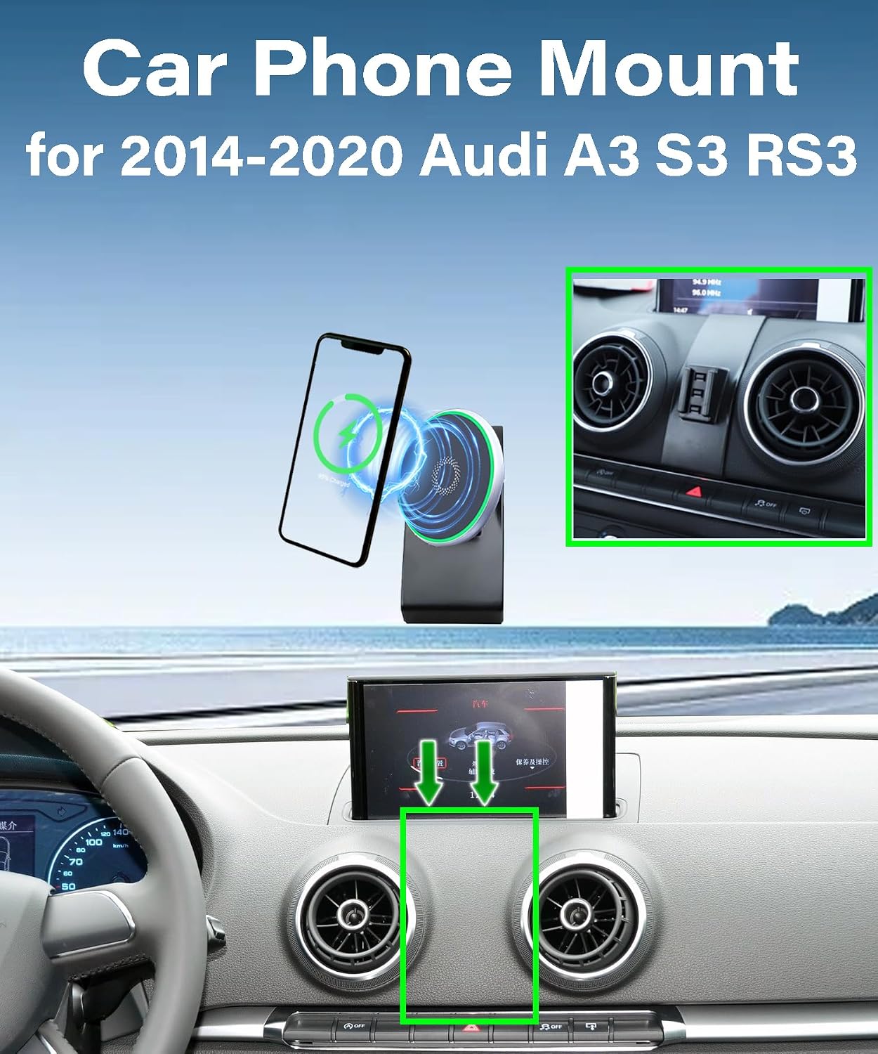 Car Phone Holder for 2014 2015 2016 2017 2018 2019 2020 Audi A3 S3 RS3 Accessories 15W MagSafe Fast Wireless Charger Cell Phone Mount Fixed Clip 360° Rotation