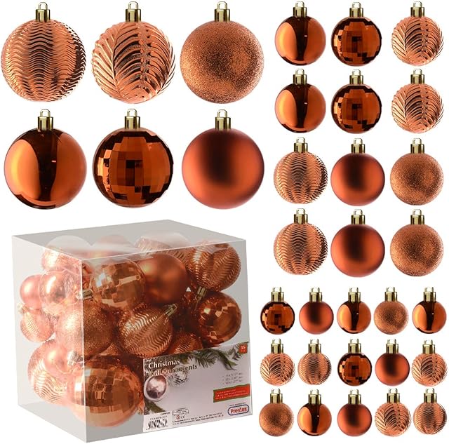 Prextex Copper Orange Christmas Ball Ornaments, 36pcs, 6 styles, 3 sizes - Festival Glitter Gold Baubles, Plastic Ball - Wedding, Halloween, Party, Christmas Decorations - Kitchen, Home Decor Gift Set