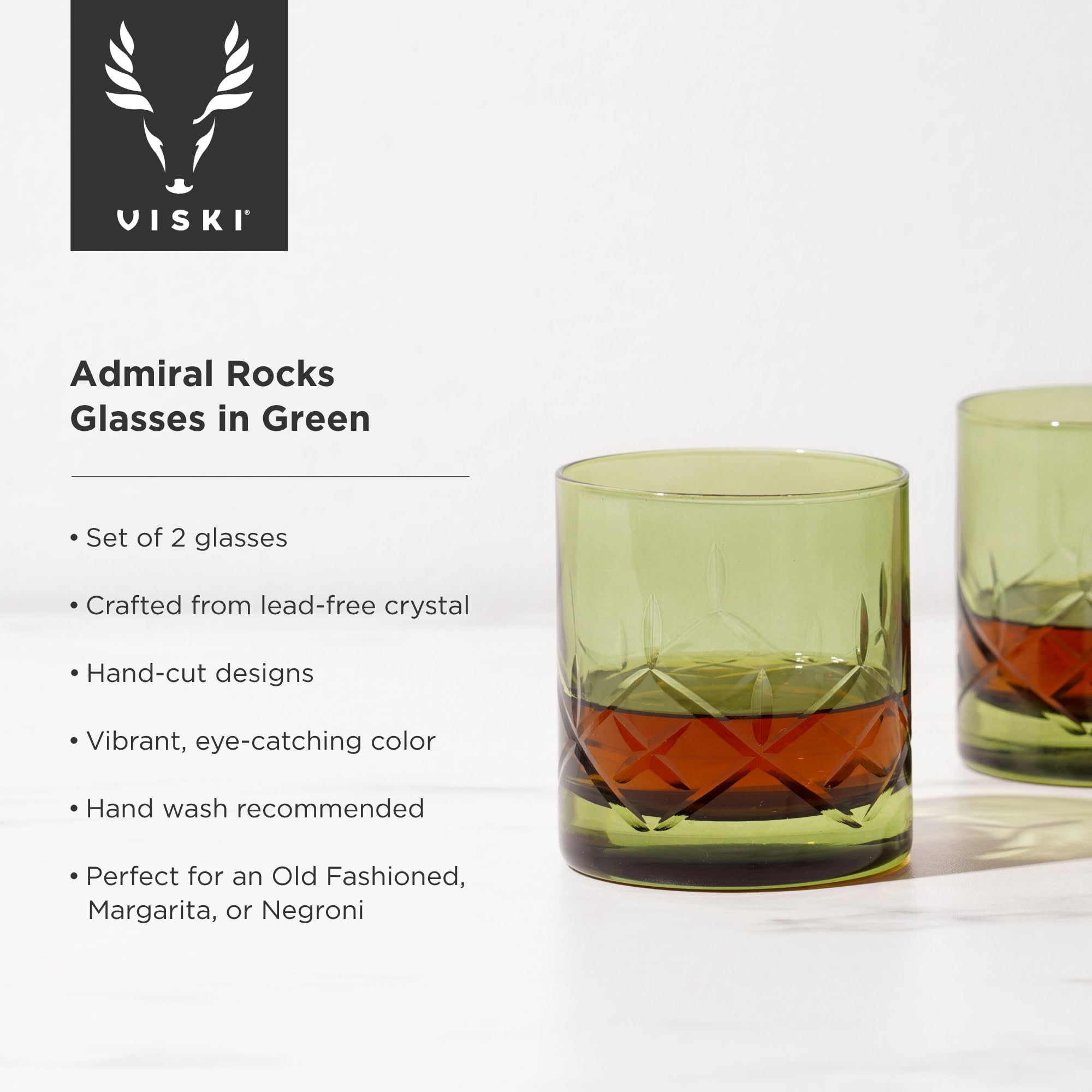 Viski Admiral Rocks Glasses in Green, Crystal Glasses, Spirit Glasses Drinking Gifts for Men and Women, 11.5oz Old Fashioned Glass Set of 2