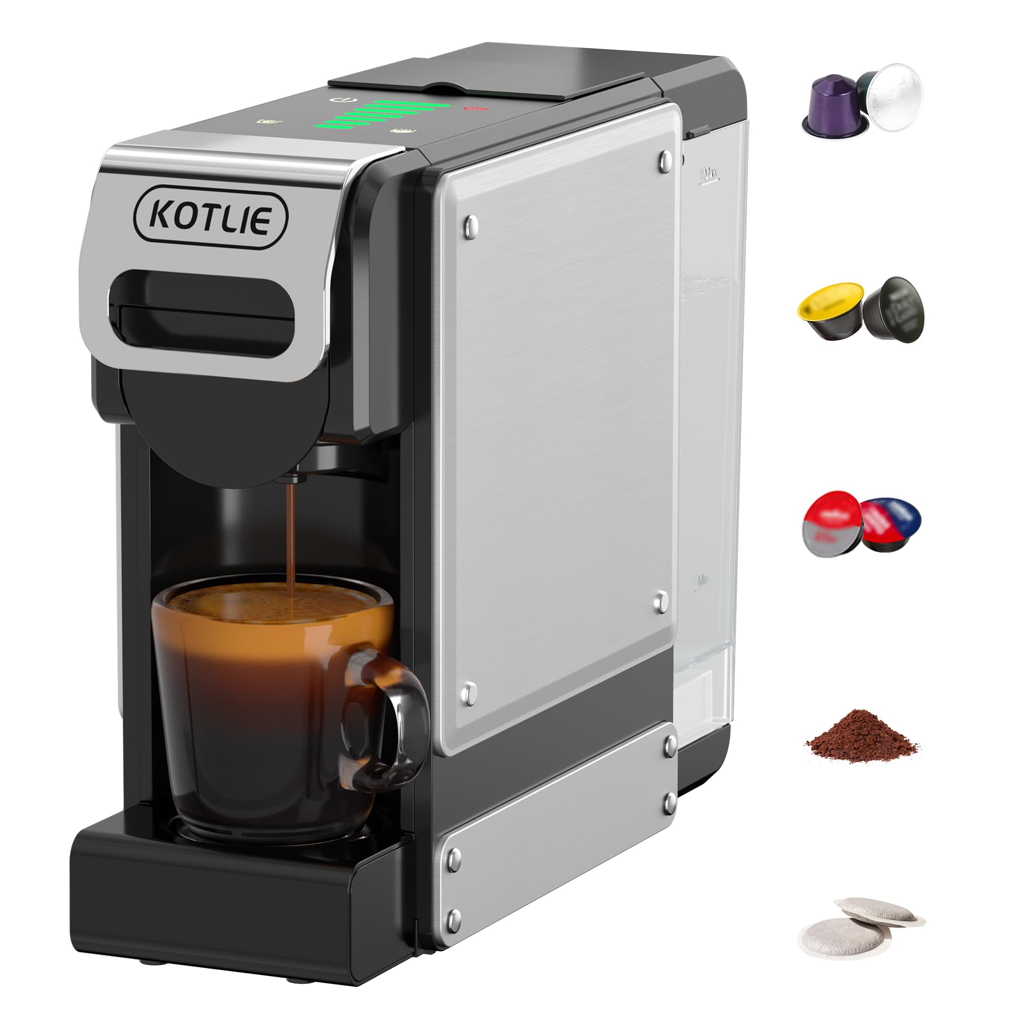 KOTLIE Cafetera de Cápsulas 5 en 1, Compatible con Nes* Original, D*lce Gusto, Mio, Café molido y ESE de 44 mm; Diseño Compacto, Ideal para Cocinas Pequeñas, Oficinas, Apartamentos y Autocaravanas