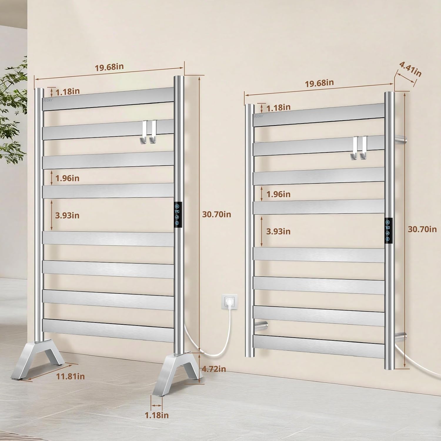 Heated Towel Racks for Bathroom Freestanding & Wall Mounted, WiFi-enable Electric Towel Warmer Rack, Extra-Wide Heating Area Fast Heating with Timer & Temperature Control, 8 Bars, Nickel Silver