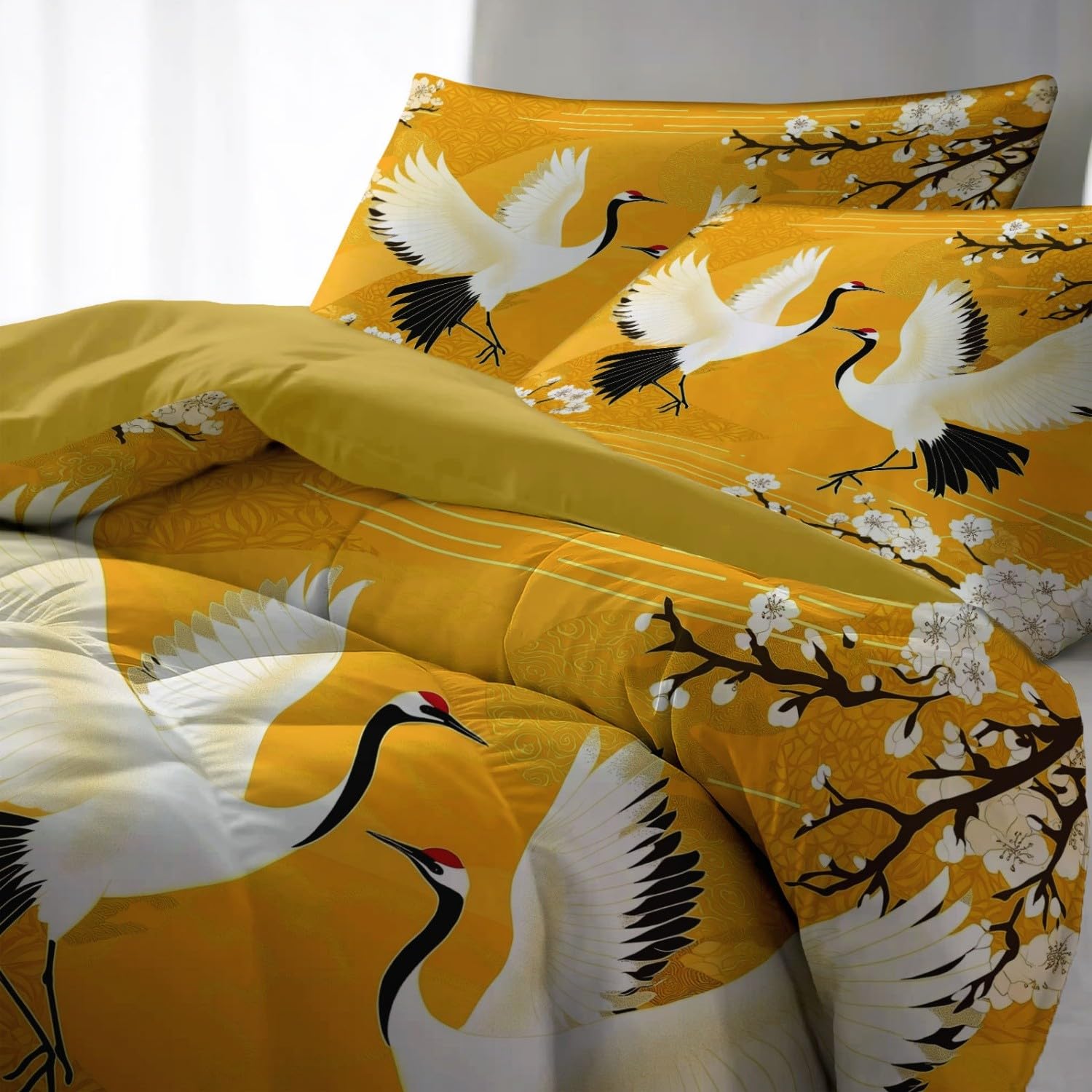 Housse de Couette 220 x 240 cm (2 Taies 65x65), Style L'Élégance De La Grue Blanche Japonaise, en Microfibre Brossée de Qualité pour Un Lit Élégant, Jaune
