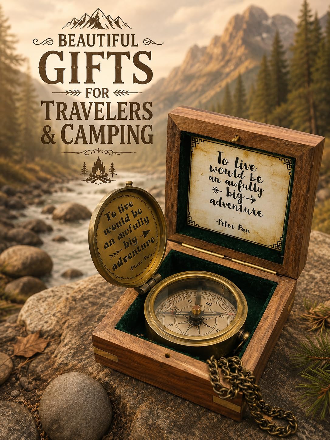 Brújula grabada con cita inspiradora vintage náutica antigua con texto en inglés "To Live Would Be an Awfully Big Adventure" con caja de madera – Peter PAN, brújula de campamento, día de graduación,