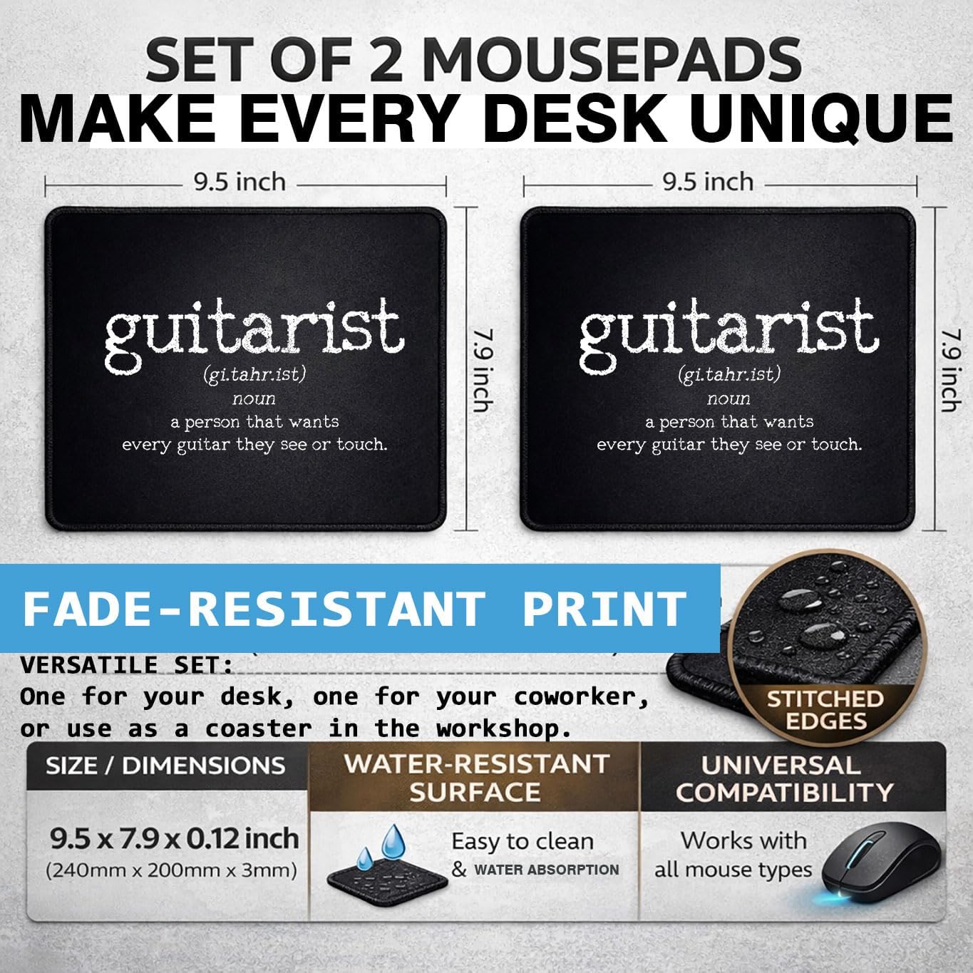 Guitarist Definition Mouse Pad Set, Rubber, Black, Non-Slip Base, Office, 9.5x8 inches, Rectangular, 2 Pack image 2