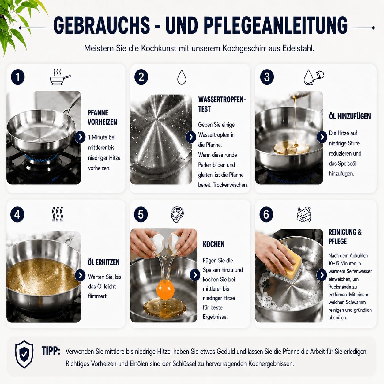 Edelstahlpfanne 30 cm mit Deckel, Durchgehend 3-lagig (3 mm) | Unbeschichtet Bratpfanne, Energieeffizient, für Induktion, Backofenfest bis 400°C, Geeignet für Steaks, Hähnchenbrust