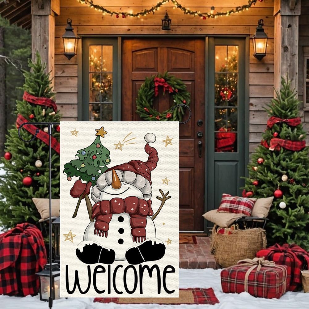 Welcome Christmas Garden Flag 12x18 Inch Double Sided Burlap Winter Snowman Holiday Yard Flag Outdoor Seasonal House Decor for Porch Lawn Garden Cute Small Xmas Decoration - Image 8