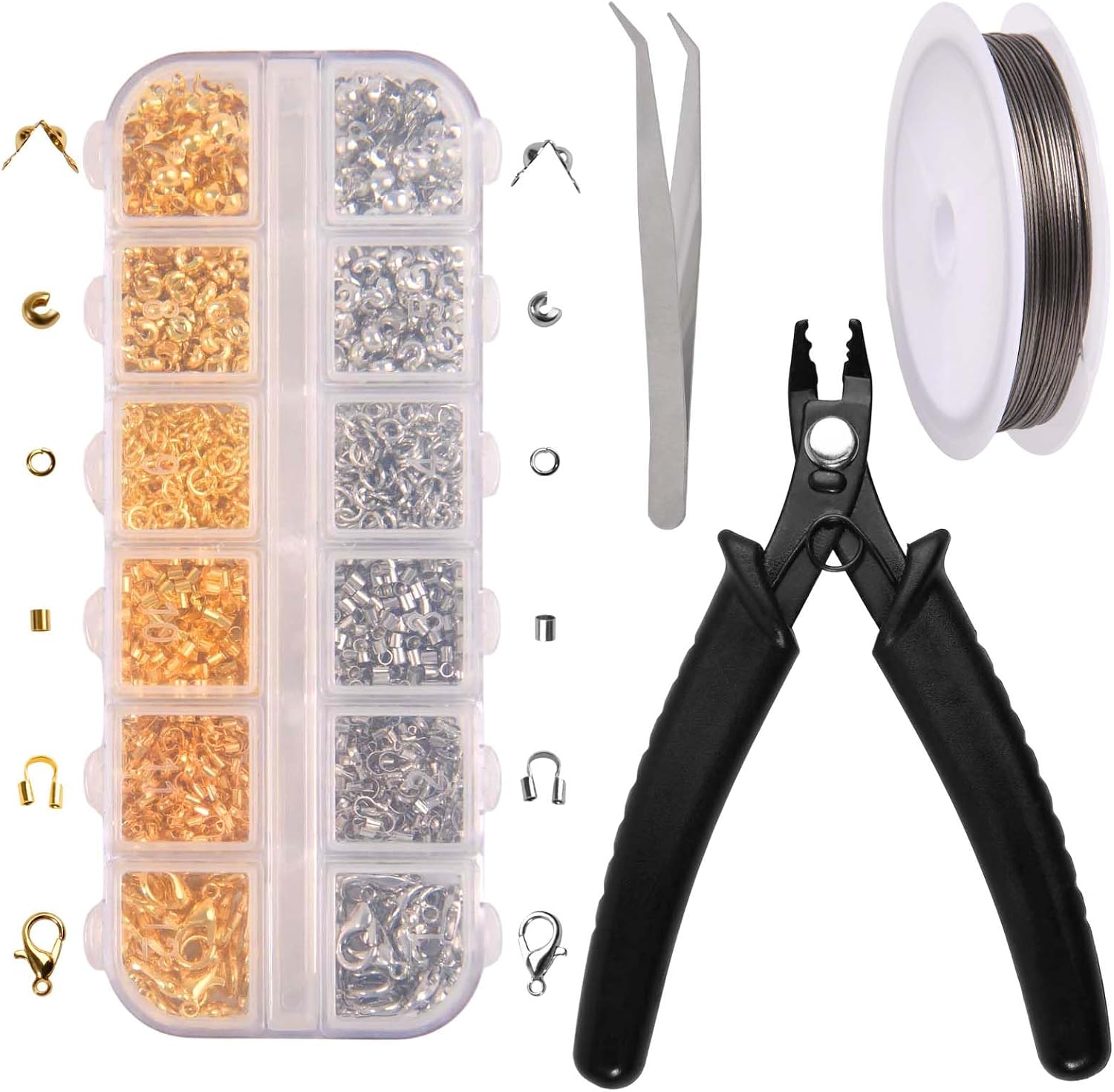 1200 Pcs Crimp Beads Kit for Jewelry Making, Including Crimp Beads, Crimps Covers, Crimps Tubes and Wire Guardians, Lobster Clasps, Jump Rings, Crimping Pliers, Beading Wire and Tweezer