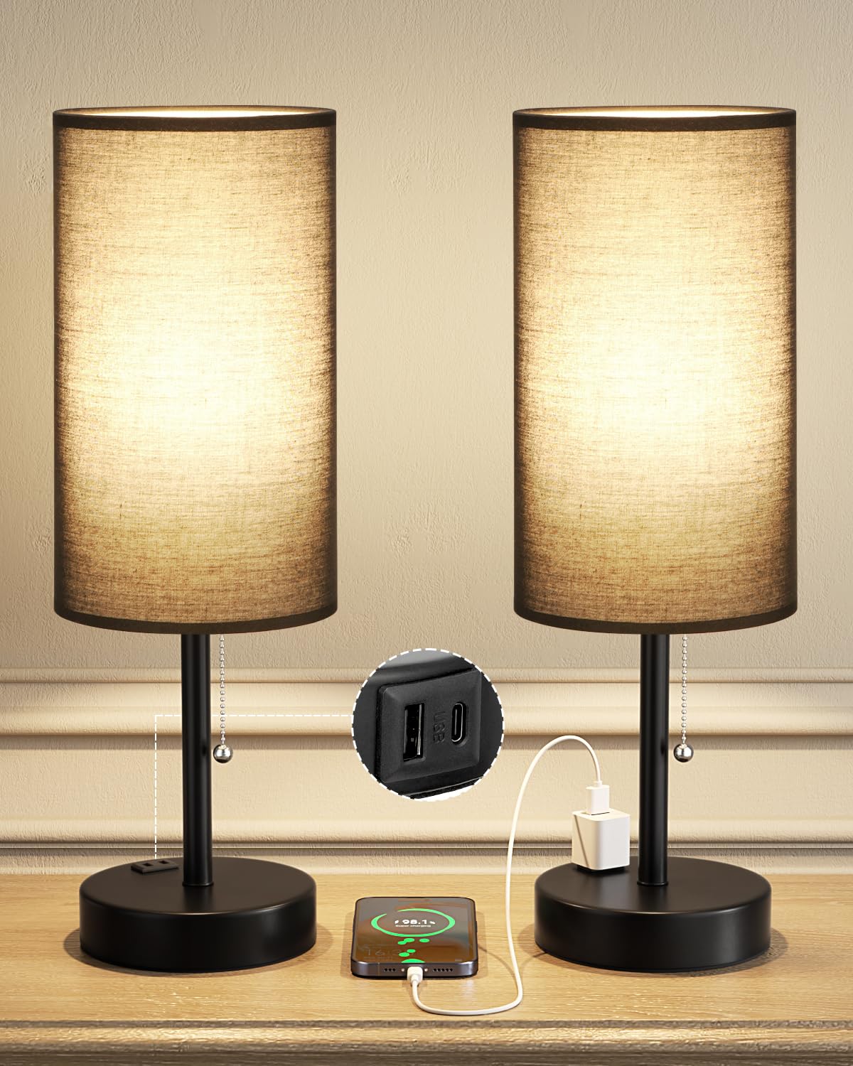 17.4" Black Bedside Table Lamps Set of 2 - Bedroom Lamp, USB C+A, AC Outlet