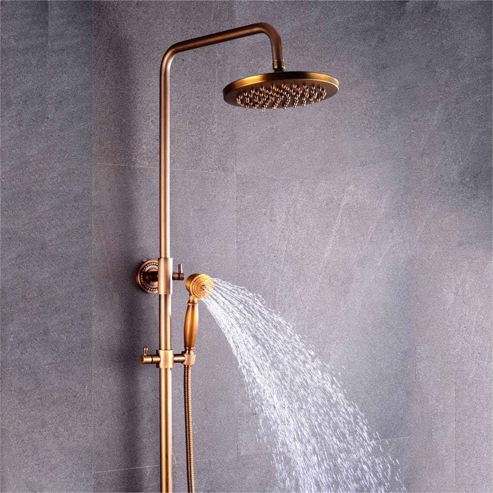 Juego de ducha de cobre antiguo, redondo, montaje en pared, sistema de ducha con grifo de bañera y alcacho/ducha de lluvia y ducha de mano, barra de ducha ajustable, bronce retro