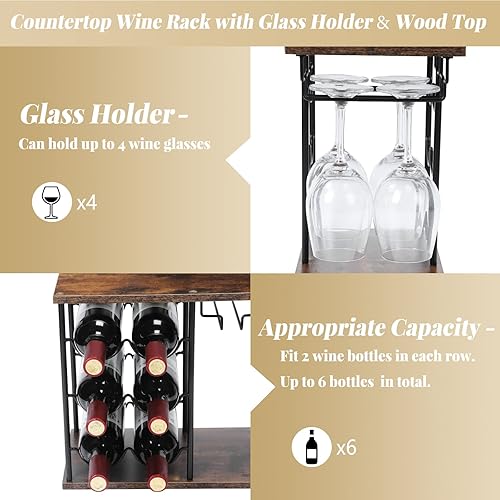 Miniatura 6 de MOOACE Estante de vino para encimera, estante independiente para botellas de vino con soporte para vidrio, soporte de vino de madera con bandeja