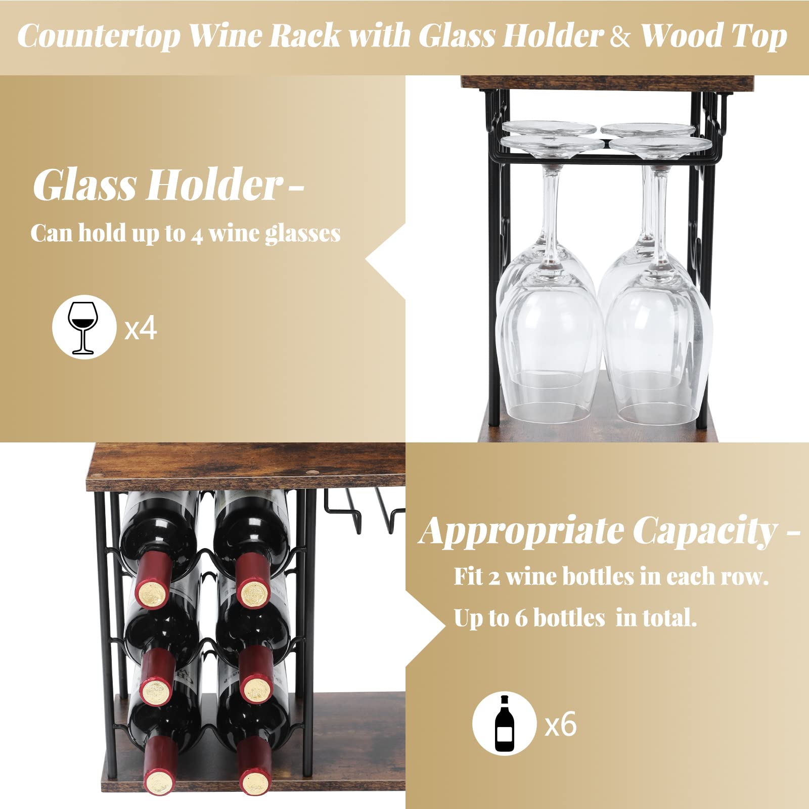 Estante de vino para encimera, estante independiente para botellas de vino con soporte para vidrio, soporte de vino de madera con bandeja para el hogar, bar, mesa de cocina, con capacidad para 6