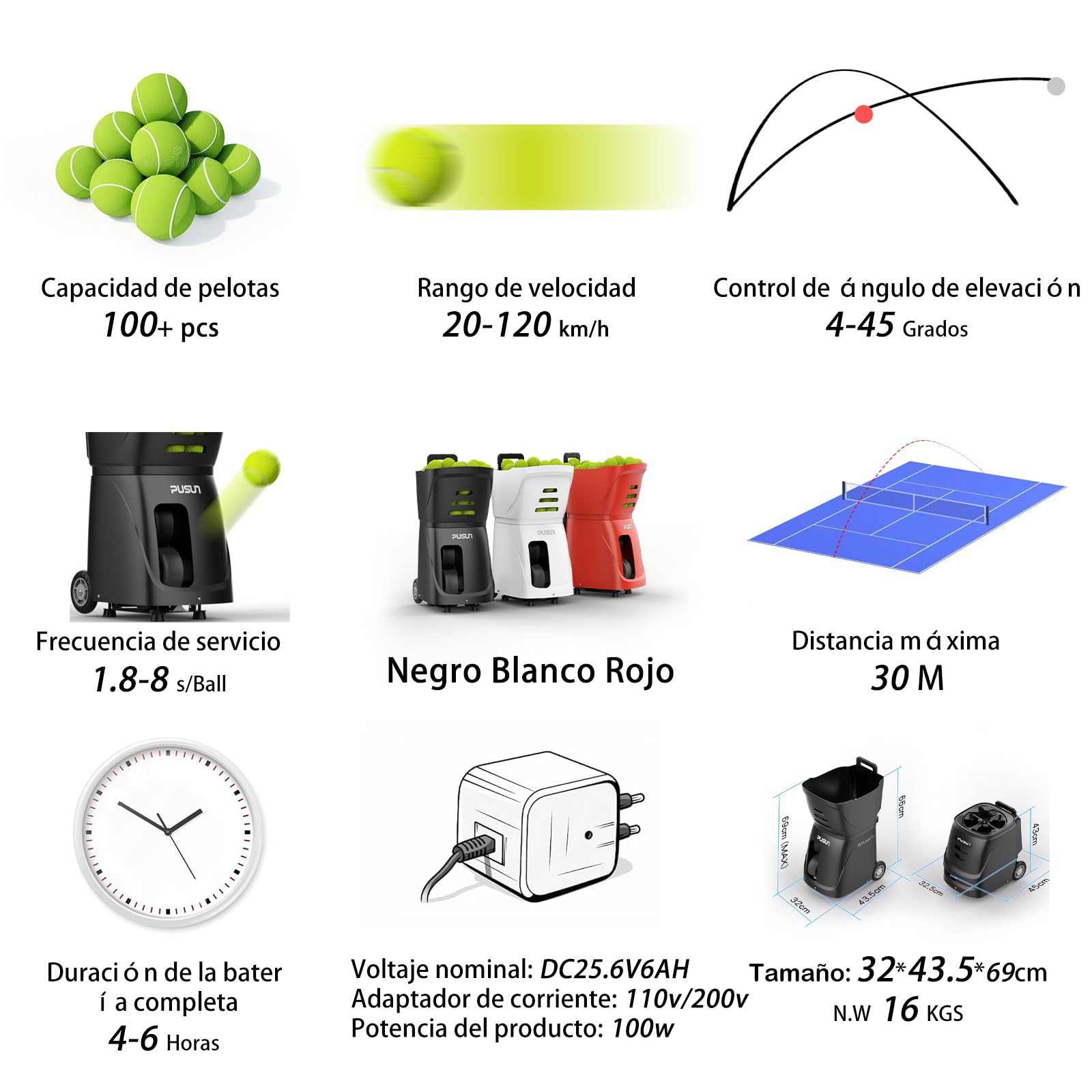 PUSUN PT-Smart-Máquina Lanzapelotas de Tenis Profesional | Control por App | 20 Puntos de Entrenamiento | 4-6 Horas de Batería | Equipo de Entrenamiento Avanzado