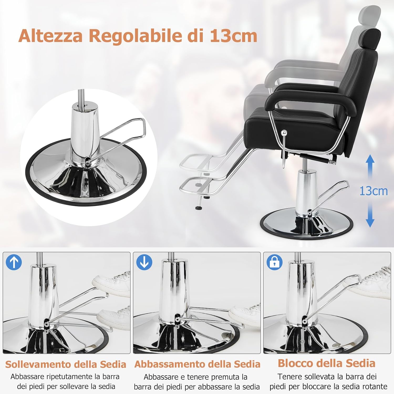 Instructions for adjusting the chair height: repeatedly press the foot bar to raise, press and hold to lower, and keep raised to lock swivel.