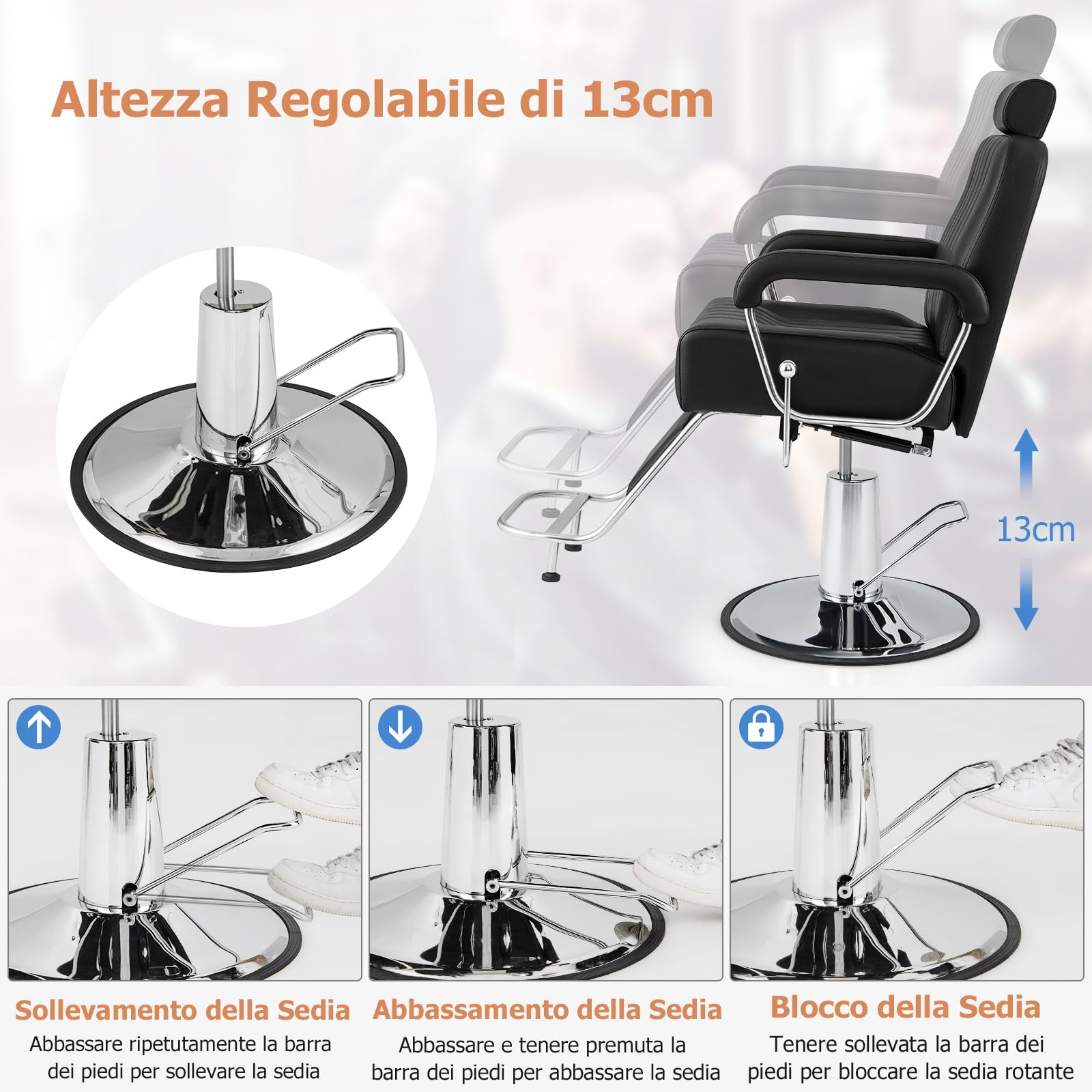 COSTWAY Poltrona da Parrucchiere, con Poggiatesta Regolabile e Schienale Reclinabile, Poltrona da Barbiere con Altezza Regolabile, Girevole a 360°, per Saloni di Bellezza, Parrucchiere