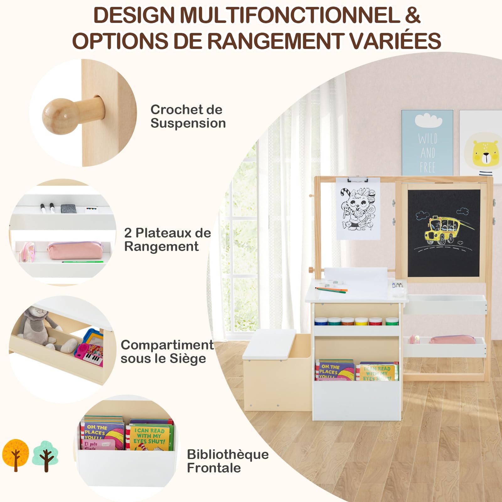 COSTWAY Bureau Enfants 2 en 1 Bois avec Banc & Etagères, Tableau Double Face Réglable avec Rouleau Papier & Craies, Table Dessin 3 Ans+ 50kg Blanc