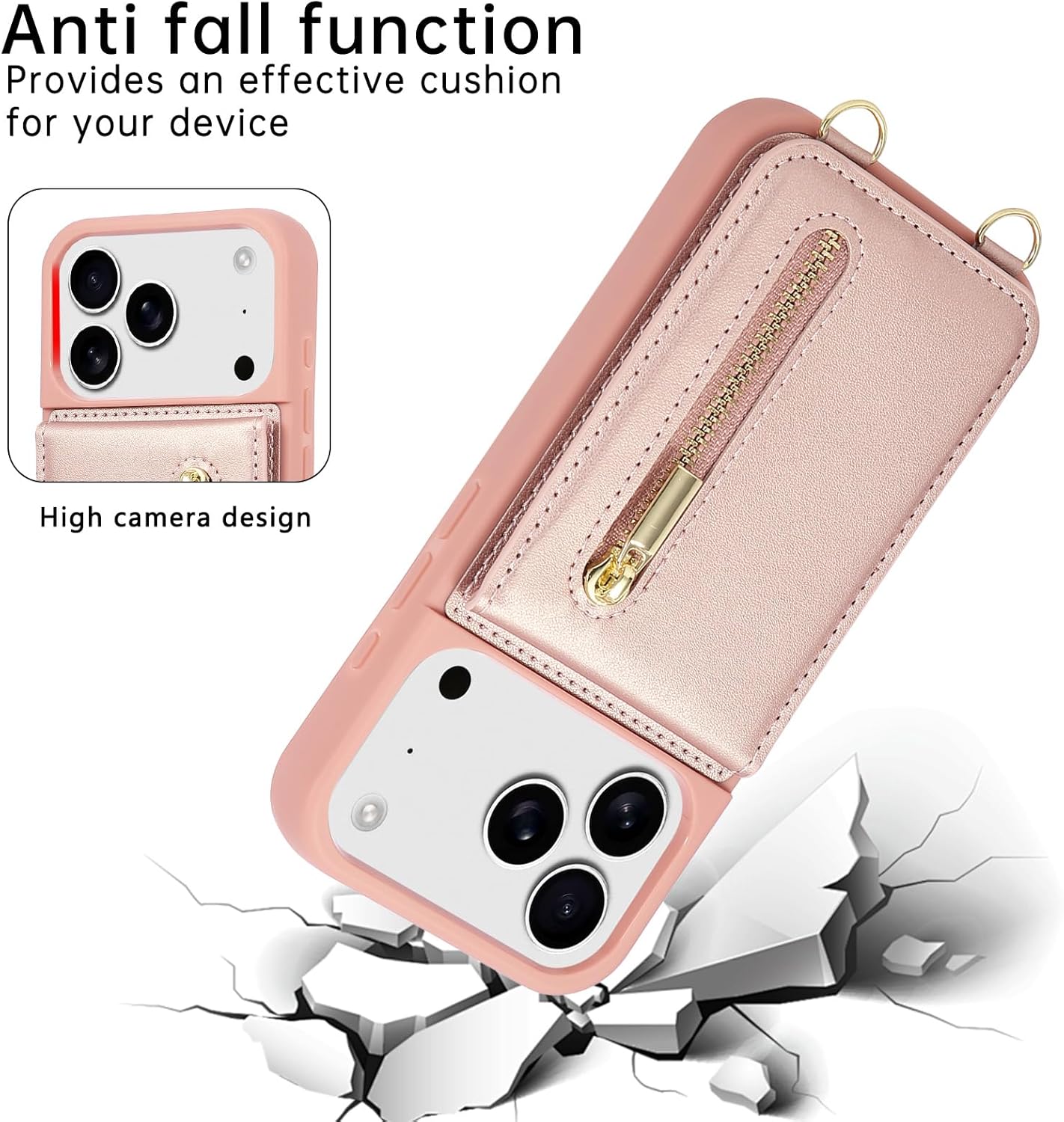 Crossbody Wallet Case for iPhone 17 Pro, with Card Slots Zipper Pocket Case, Flip Folio Purse RFID Blocking with Detachable Strap-Pink - Image 4