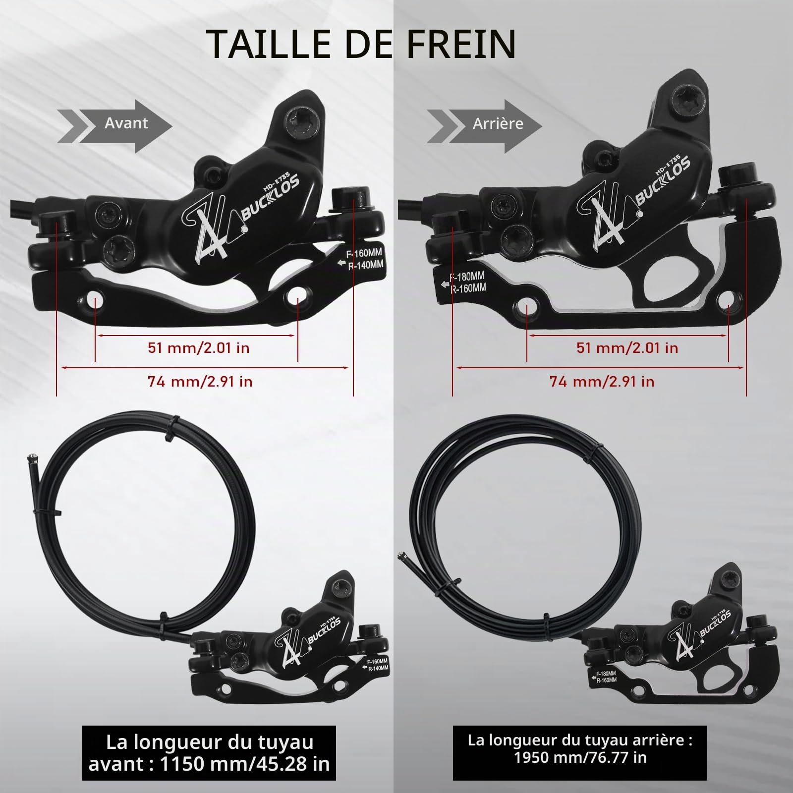 Kit de frein à disque hydraulique électrique à 2 broches à 4 pistons, avant gauche 1150 mm, arrière droit, 1950 mm, levier de calibre en alliage d'aluminium pour vélo électrique, scooter, VTT