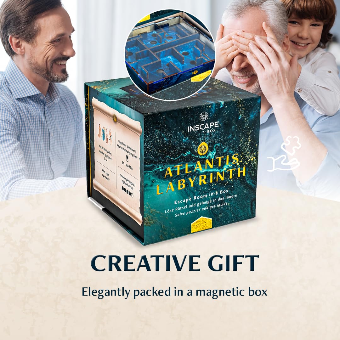 INSCAPE Atlantis Labirynt - Cluebox - Pudełko z Zagadkami - Puzzle Box - Gra Escape Room dla Dorosłych i Dzieci - Gry Logiczne - 3D Puzzle z Drewna - Gry Myślenia - Pudełko na Prezent