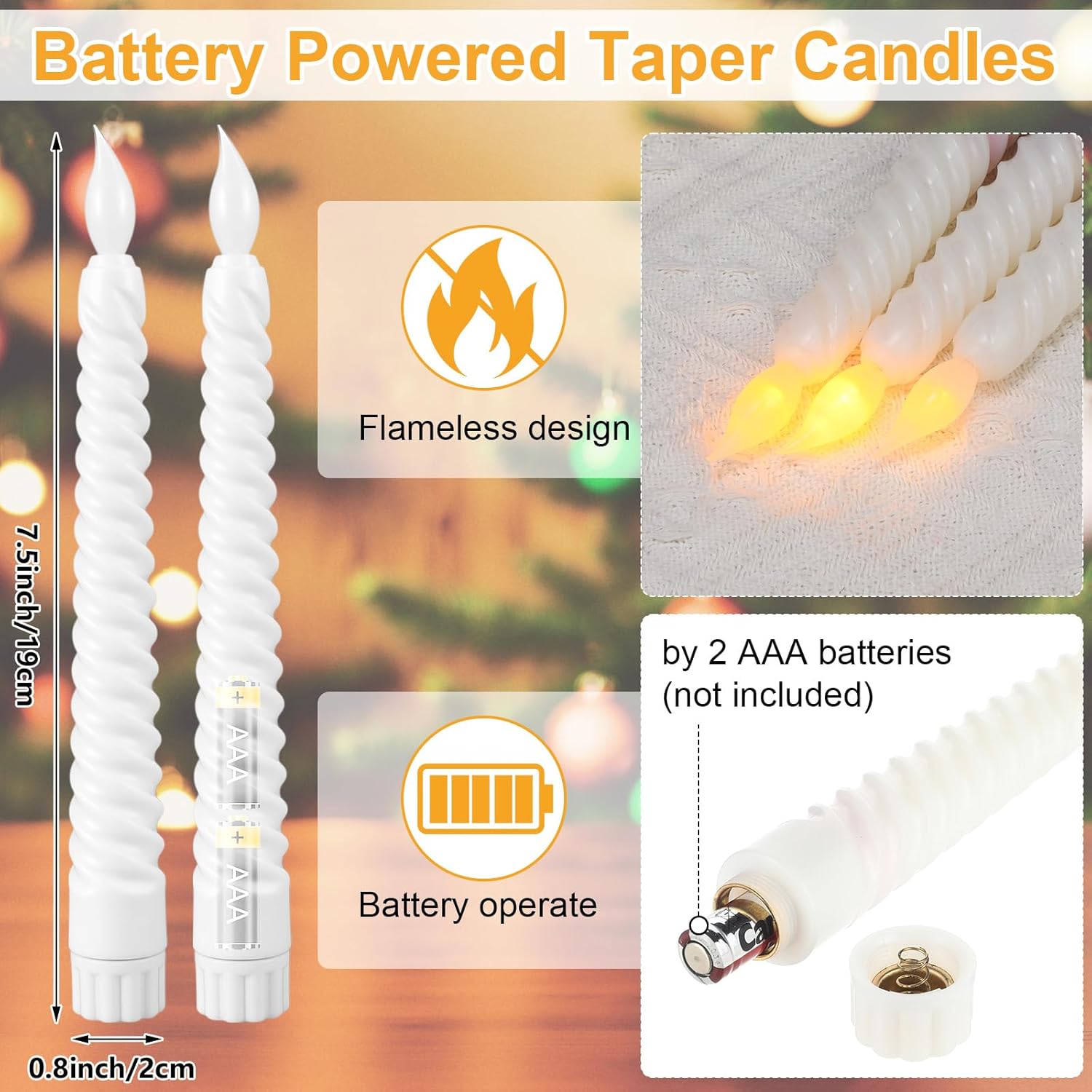 50 Pcs White Flameless Twisted Taper Candles Battery Operated Bulk Spiral LED Taper Candles LED Candlesticks Electric for Wedding Birthday Advent Halloween Christmas