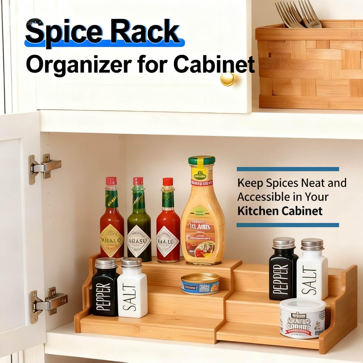 JinDoWin 2 Pack Bamboo Spice Organization for Cabinet, Cabinet Spice Organizer, 3-Tier Spice Rack Organizer for Cabinet, Kitchen Seasoning Organizer & Seasoning Rack